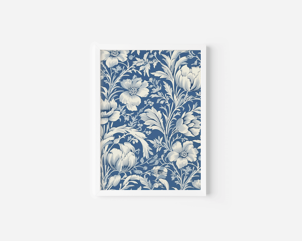 Floral-patterned chinoiserie wall art with blue and white design on a light gray background