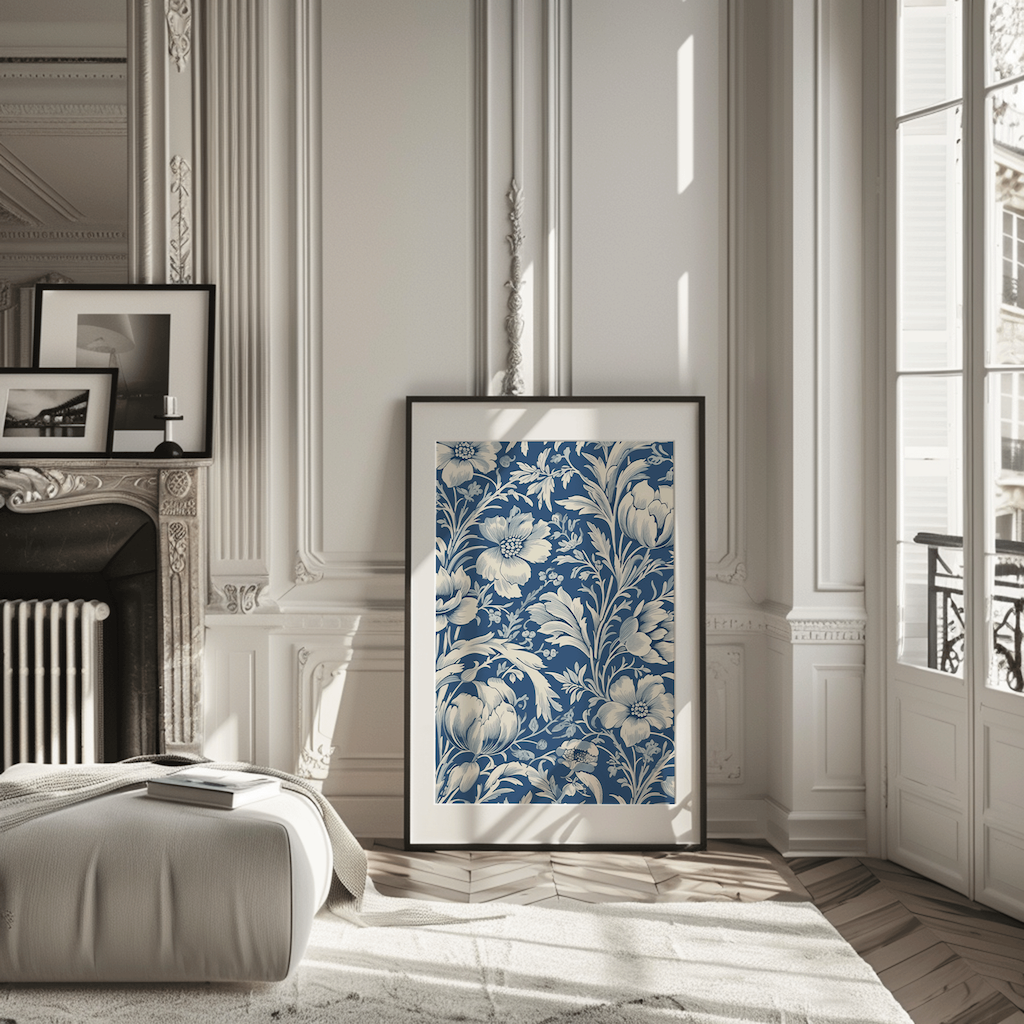 Framed blue and white chinoiserie floral patterned wall art in a stylish modern living room with decorative elements.