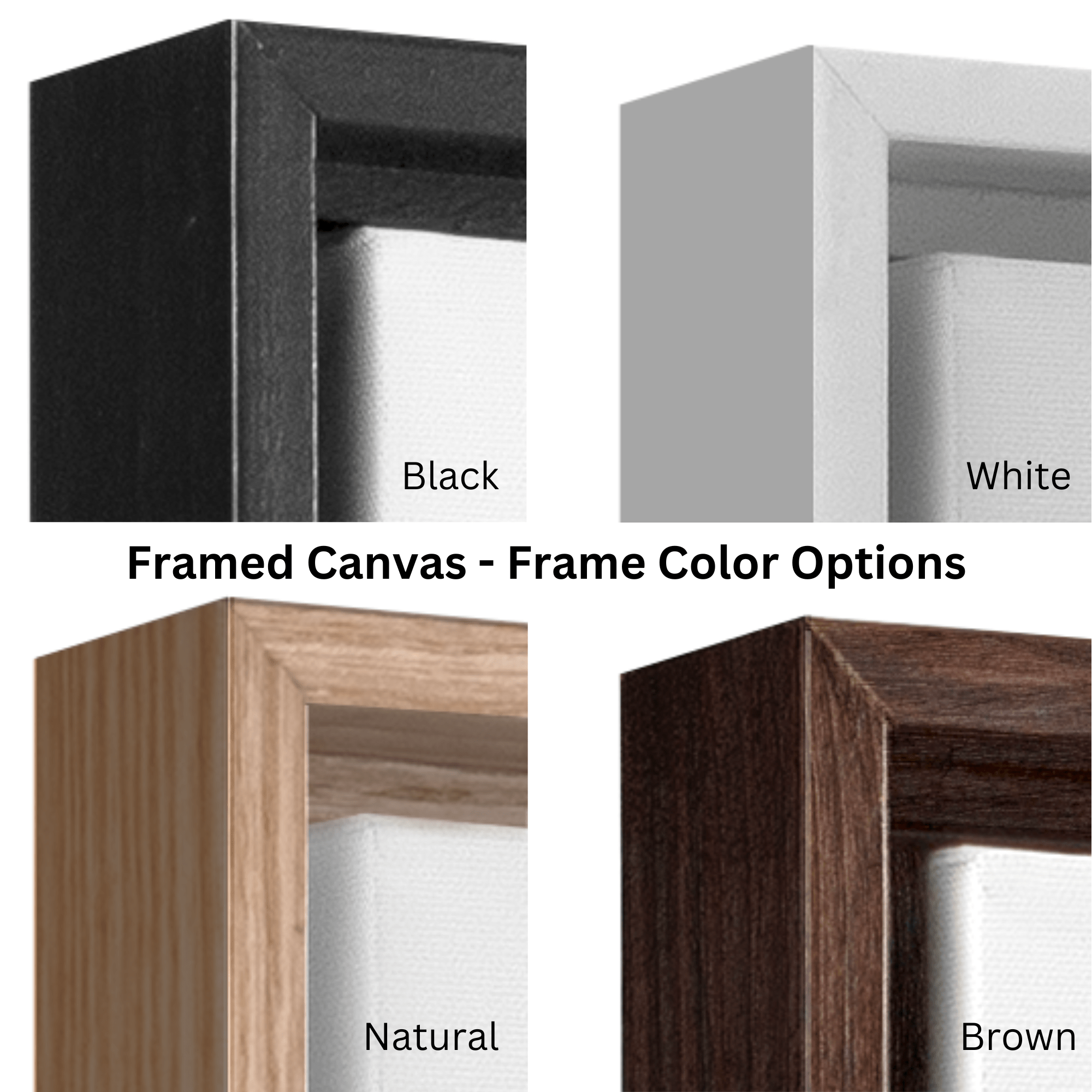 Framed canvas options with black, white, natural, and brown frames.