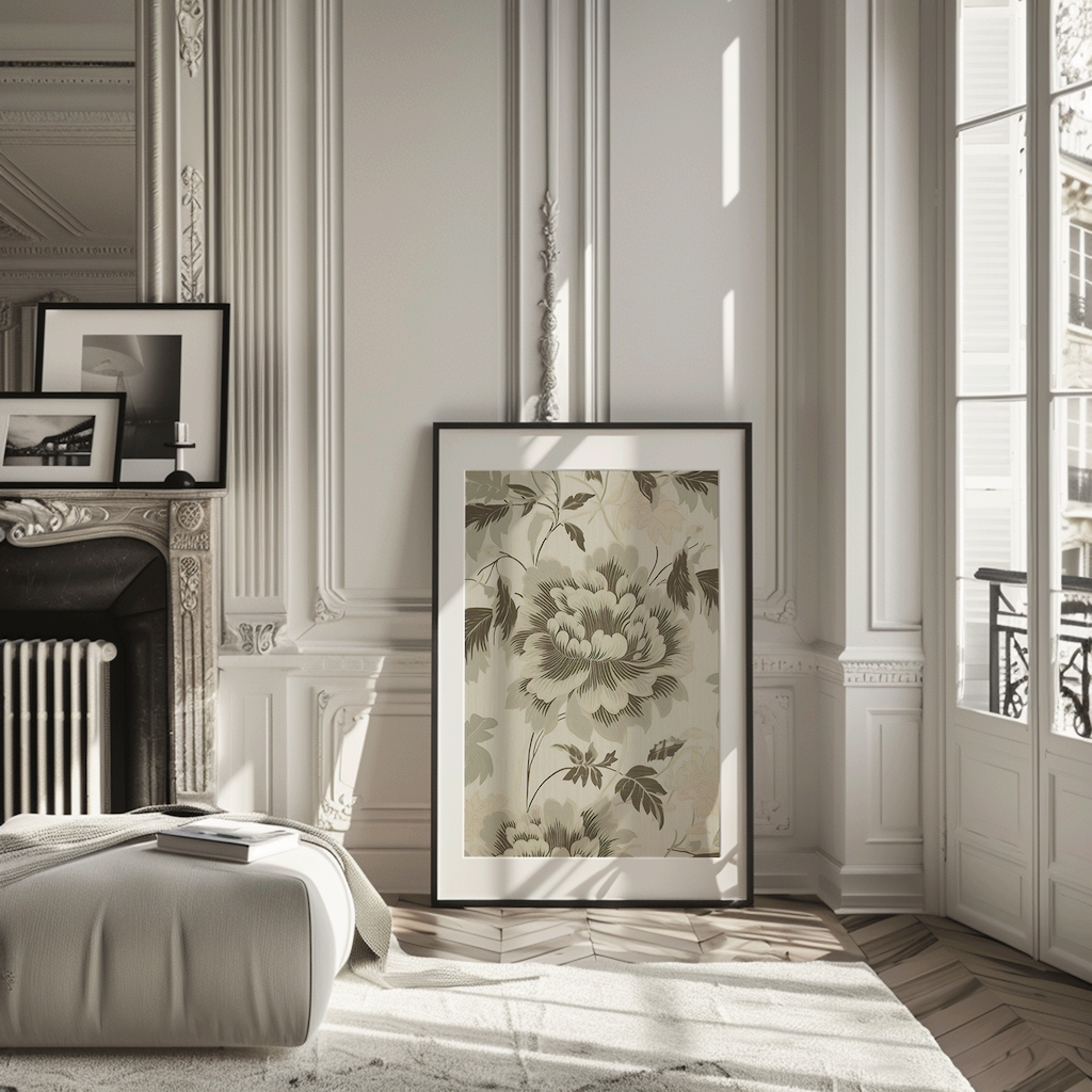 Framed floral artwork on a wall in a stylish room with decorative elements.