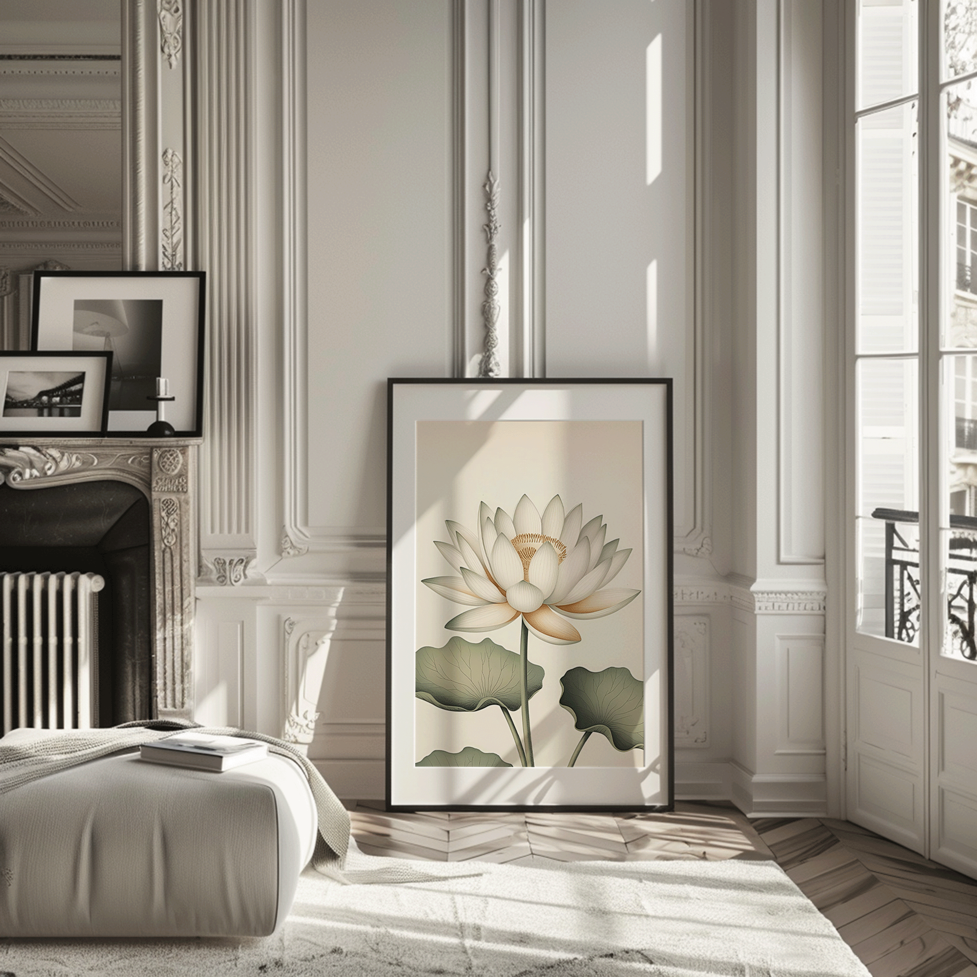 Elegant framed white lotus flower wall art and black frameleaning against a paneled wall beside a decorative fireplace in a modern living room