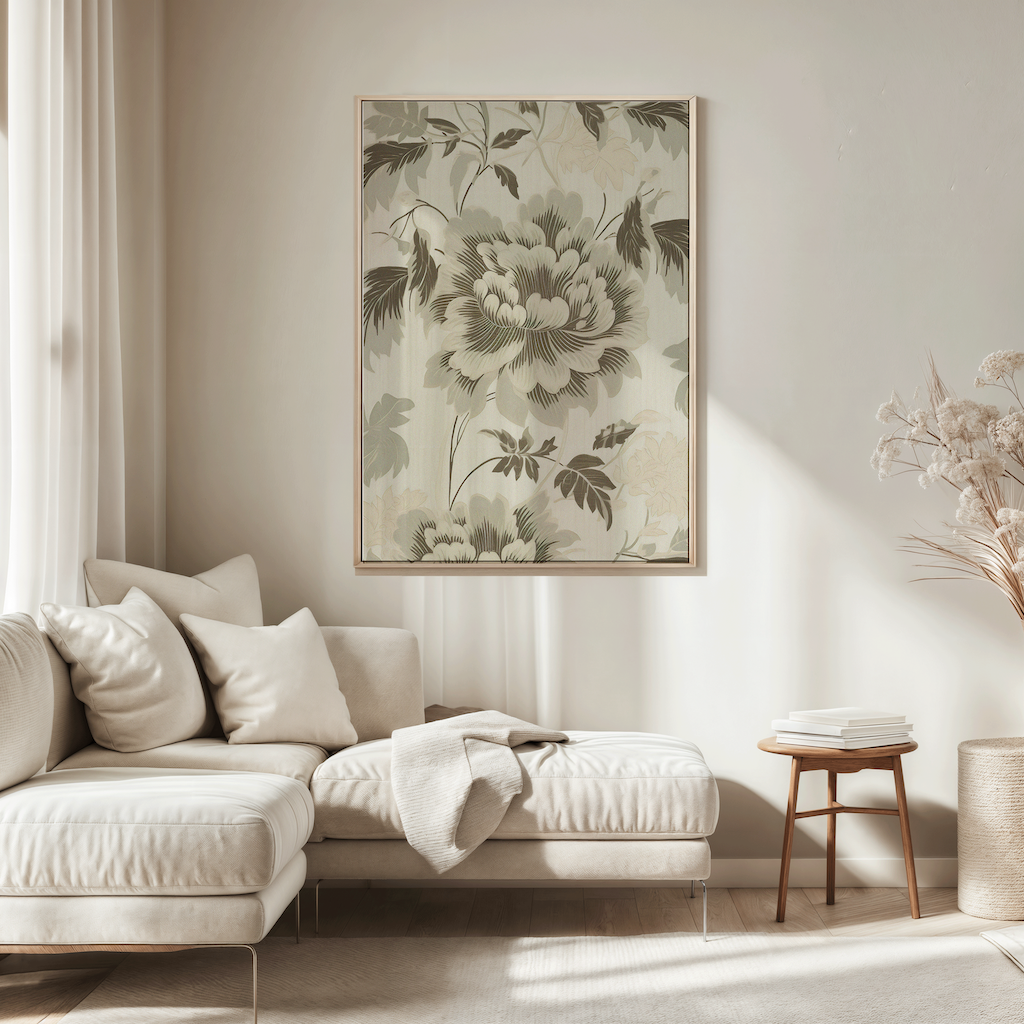 Living room with a vintage floral canvas wall art on the wall, beige sofa, and wooden side table.