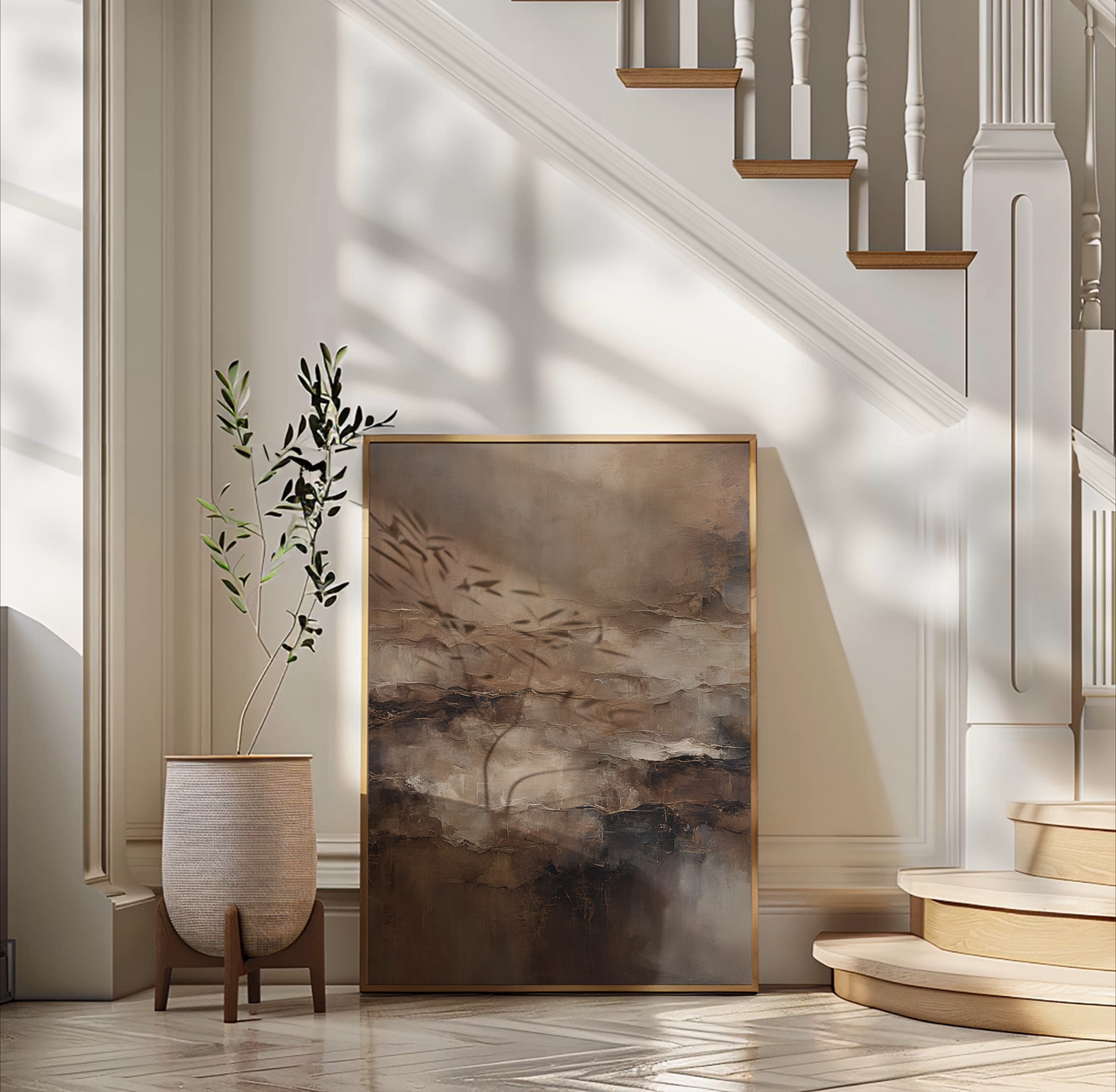 Moody abstract wall art in beige and brown tones leaning against a staircase with natural light and a modern planter