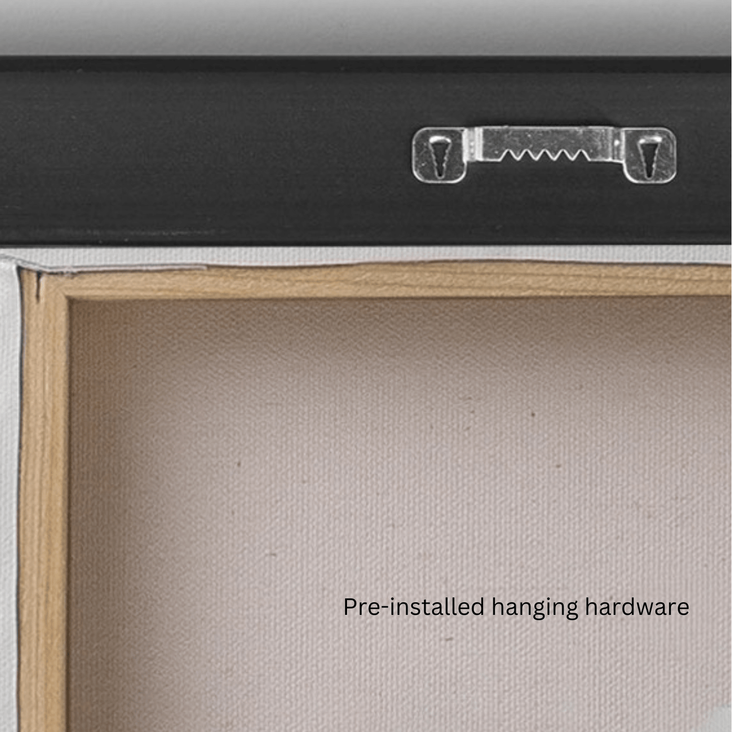 Pre-installed hanging hardware on a framed artwork with a neutral background.