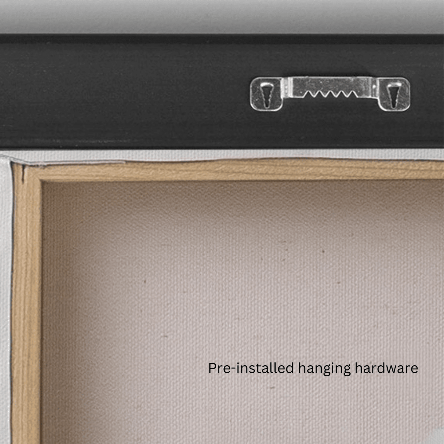 Pre-installed hanging hardware on a framed artwork with a neutral background.