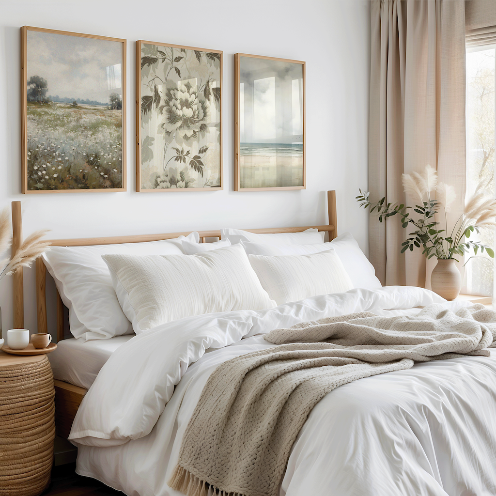 Set of 3 vintage nature wall art prints above a neatly made bed with white bedding and beige blanket in a bedroom setting.