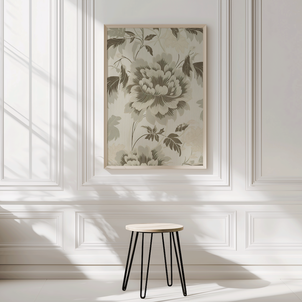 Vintage botanical wall art on a wall with a small stool in front
