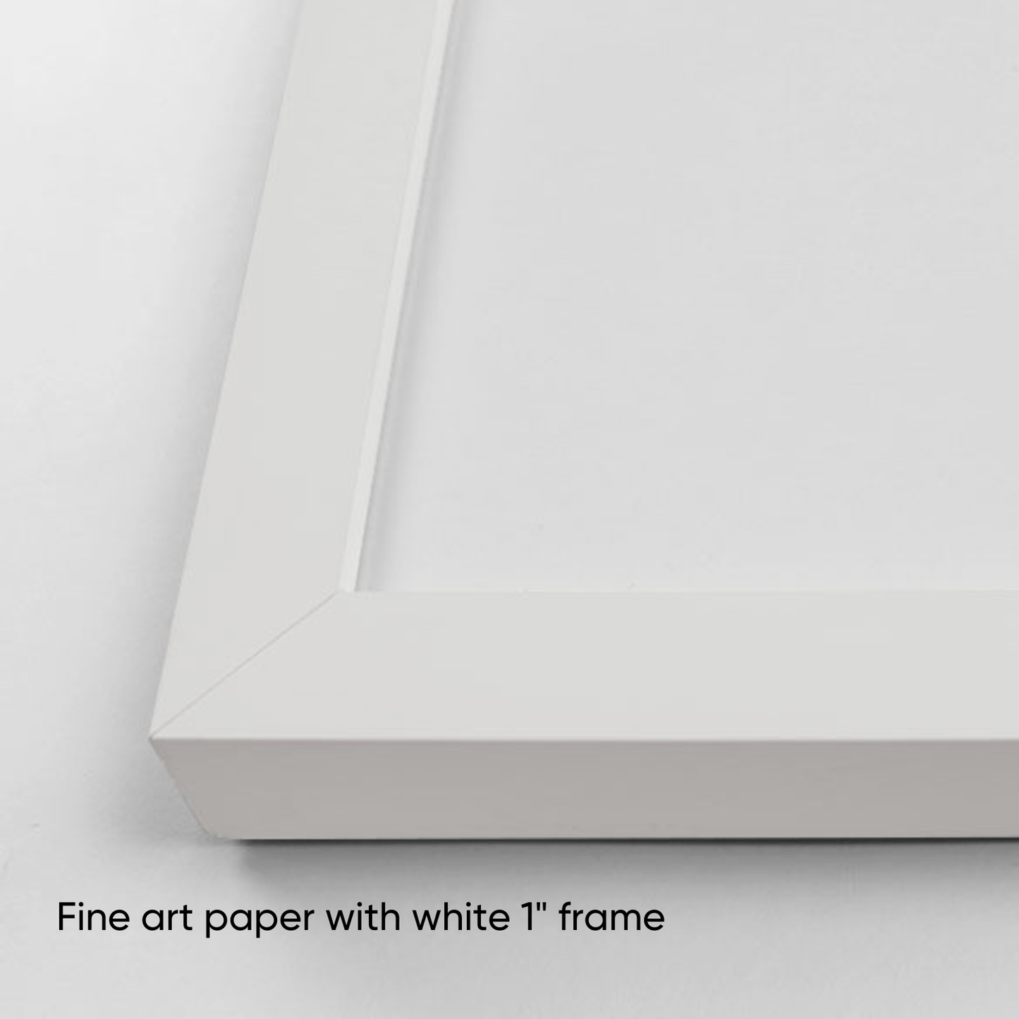 White frame on a white background with text 'Fine art paper with white 1" frame'.