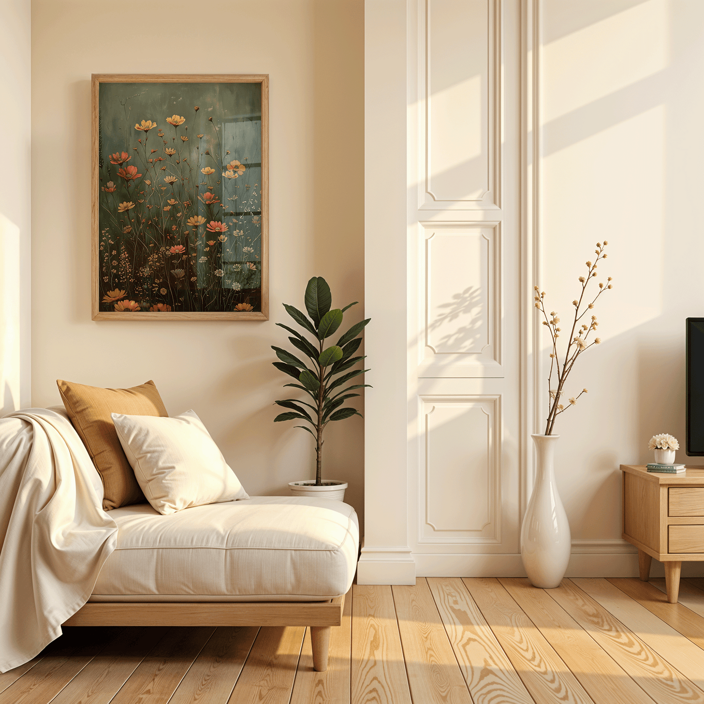 framed wildflower field wall art in a minimalist neutral living room with warm morning sunlight, beige tones, and wooden floor accents