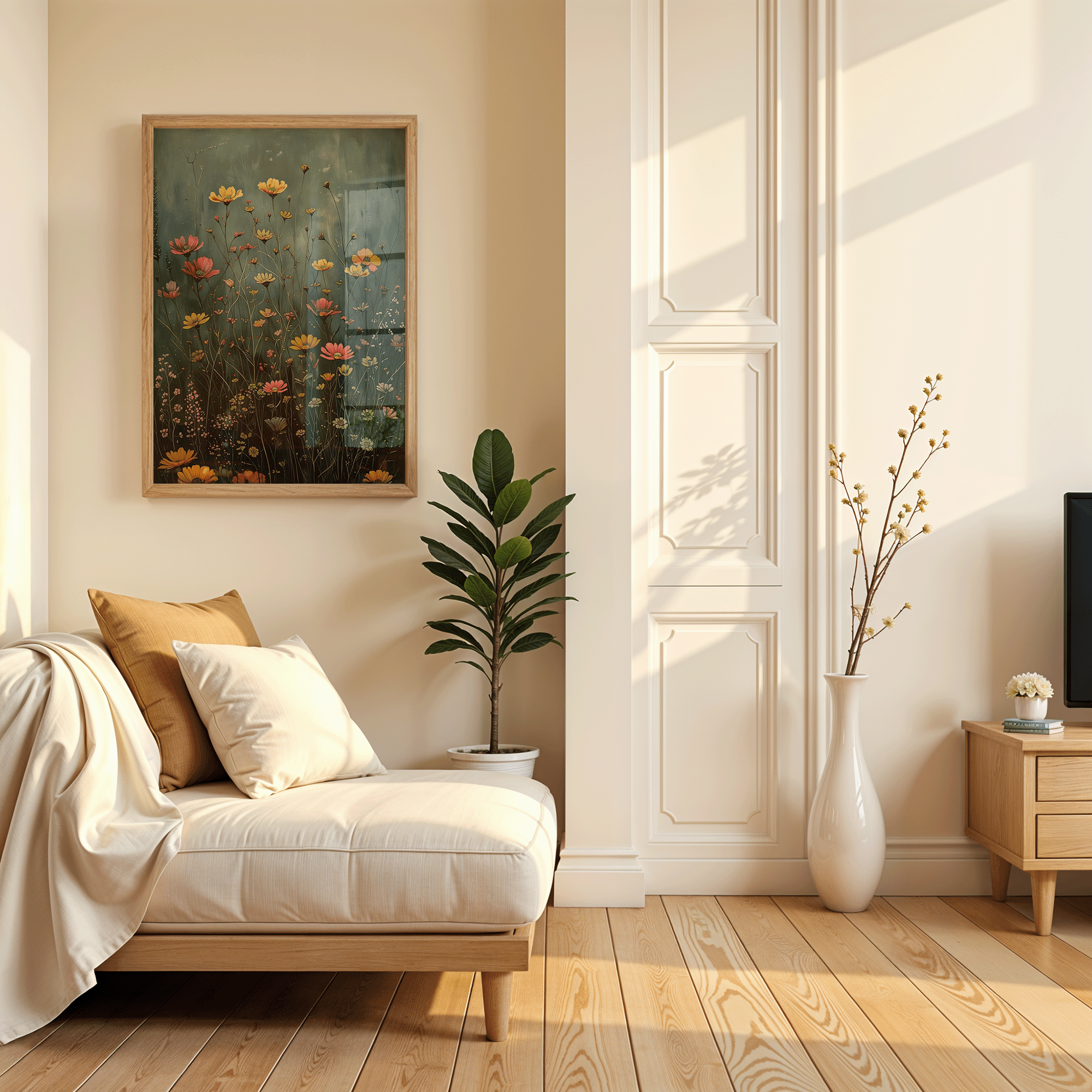 framed wildflower field wall art in a minimalist neutral living room with warm morning sunlight, beige tones, and wooden floor accents