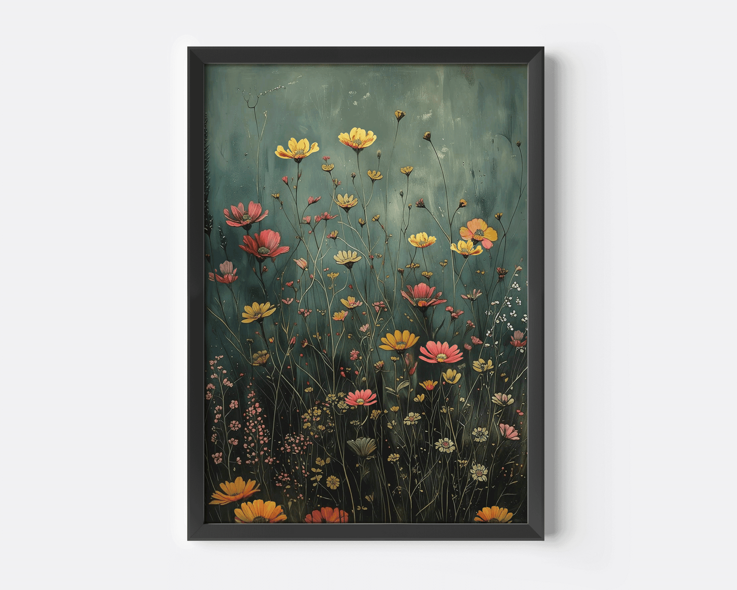 moody wildflower field art with a black frame against a white background highlighting golden yellow, coral, and soft pink meadow flowers on dark green tones