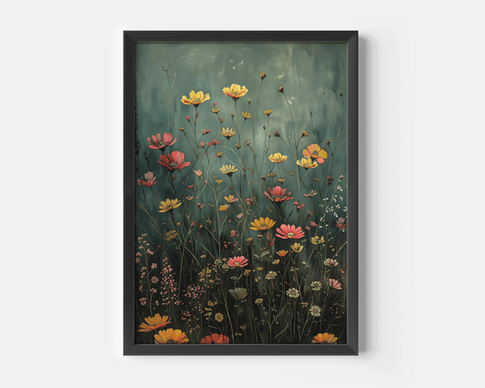 moody wildflower field art with a black frame against a white background highlighting golden yellow, coral, and soft pink meadow flowers on dark green tones