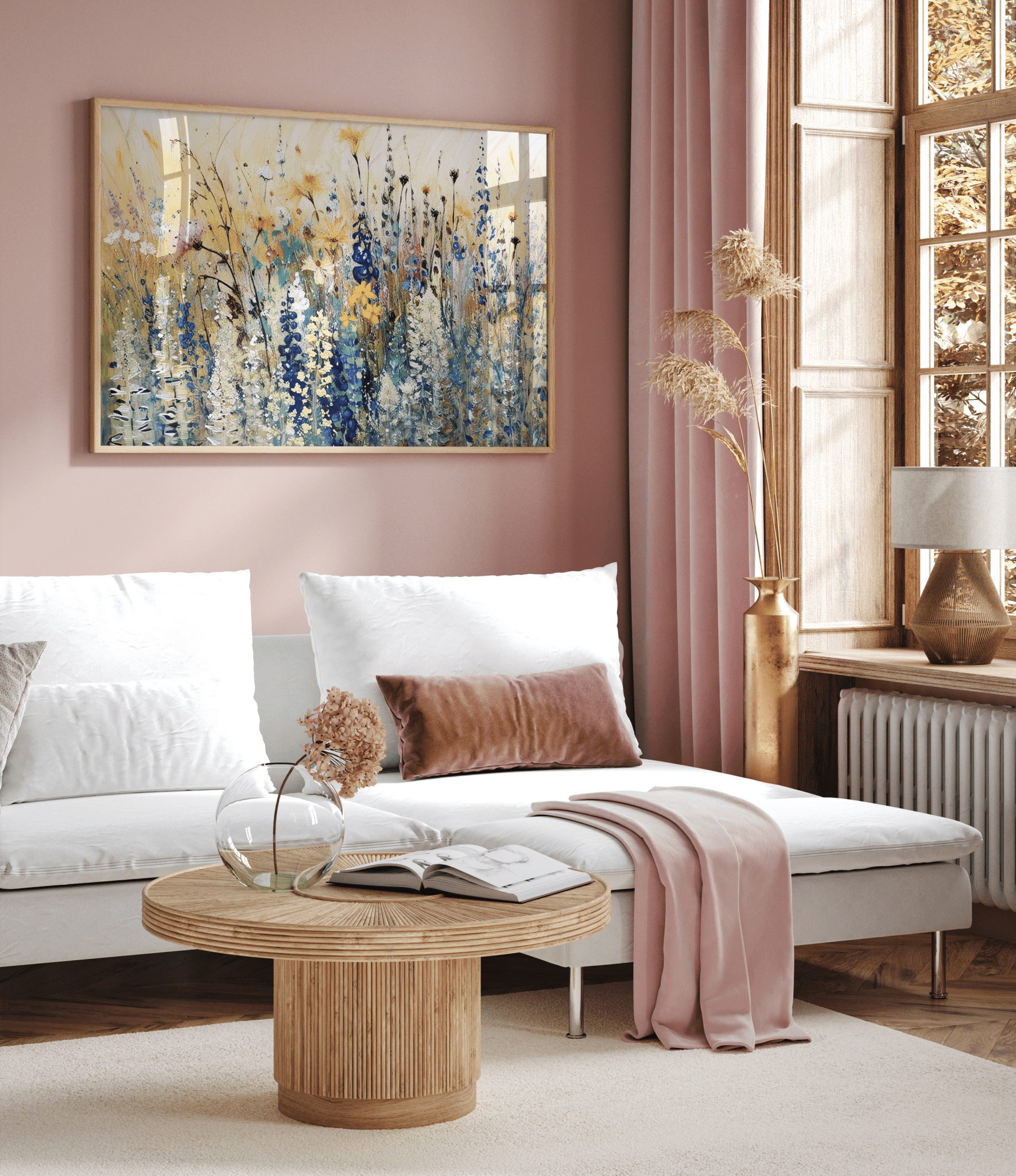 Living room with a white sofa, wooden coffee table, and wildflower abstract framed wall art on a pink wall.