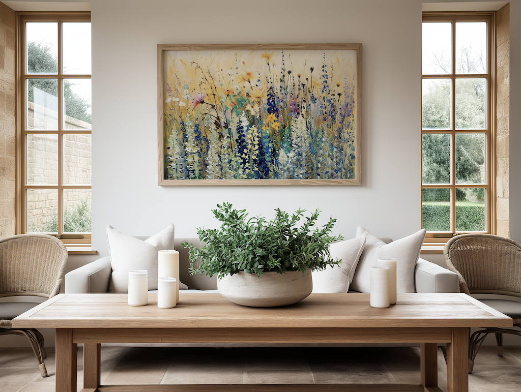 Living room with a wooden coffee table, potted plant, and abstract wildflower framed canvas wall art over the couch.