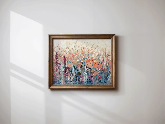 Close-up of abstract impressionist floral wall art showing painterly texture details