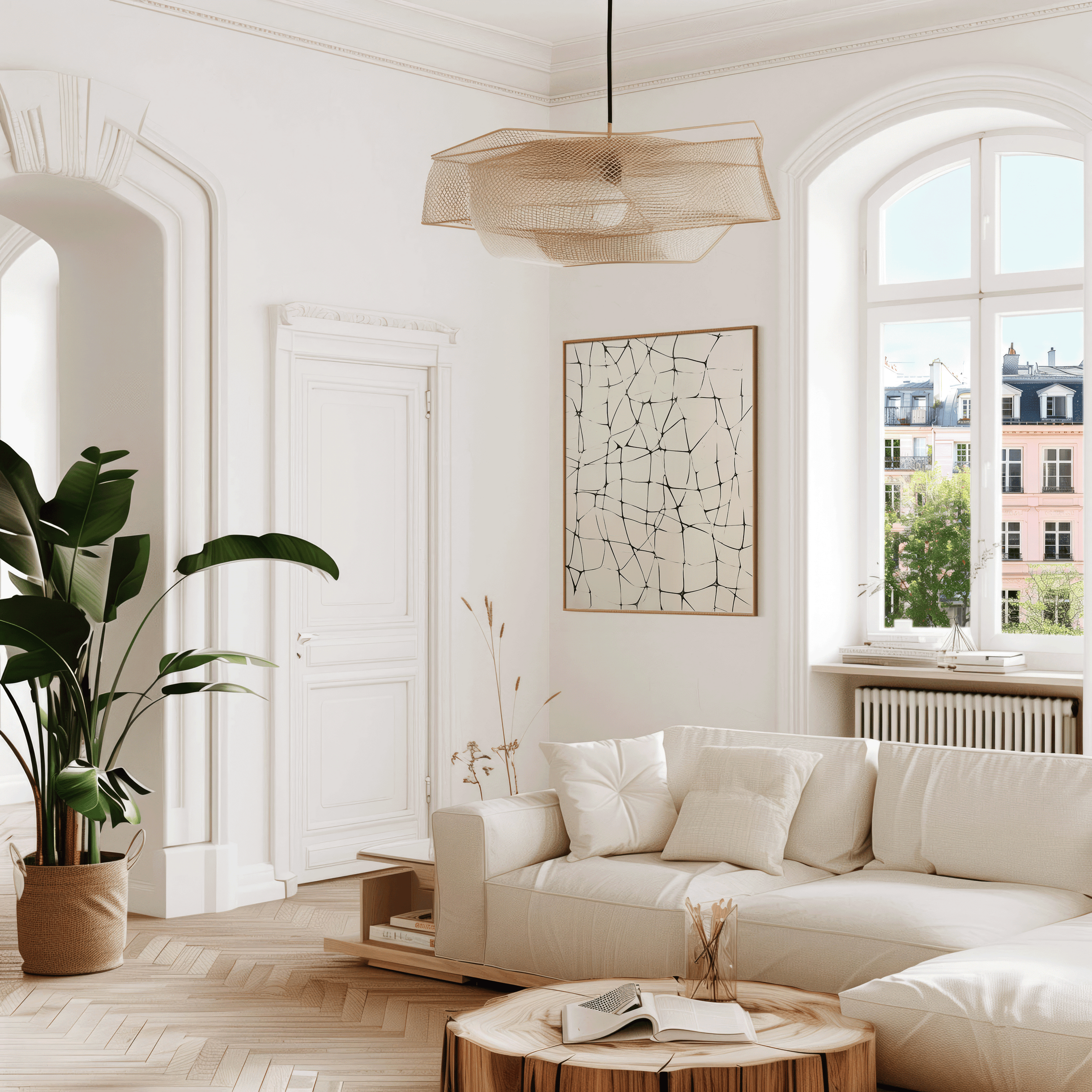 Abstract line grid wall art in black on beige with light wood frame displayed in an airy living room with arched window, indoor plant, and cream sofa