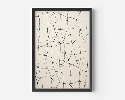 Close-up product image of abstract line grid wall art in black on beige showing matte black frame, cream background, and hand-drawn line texture
