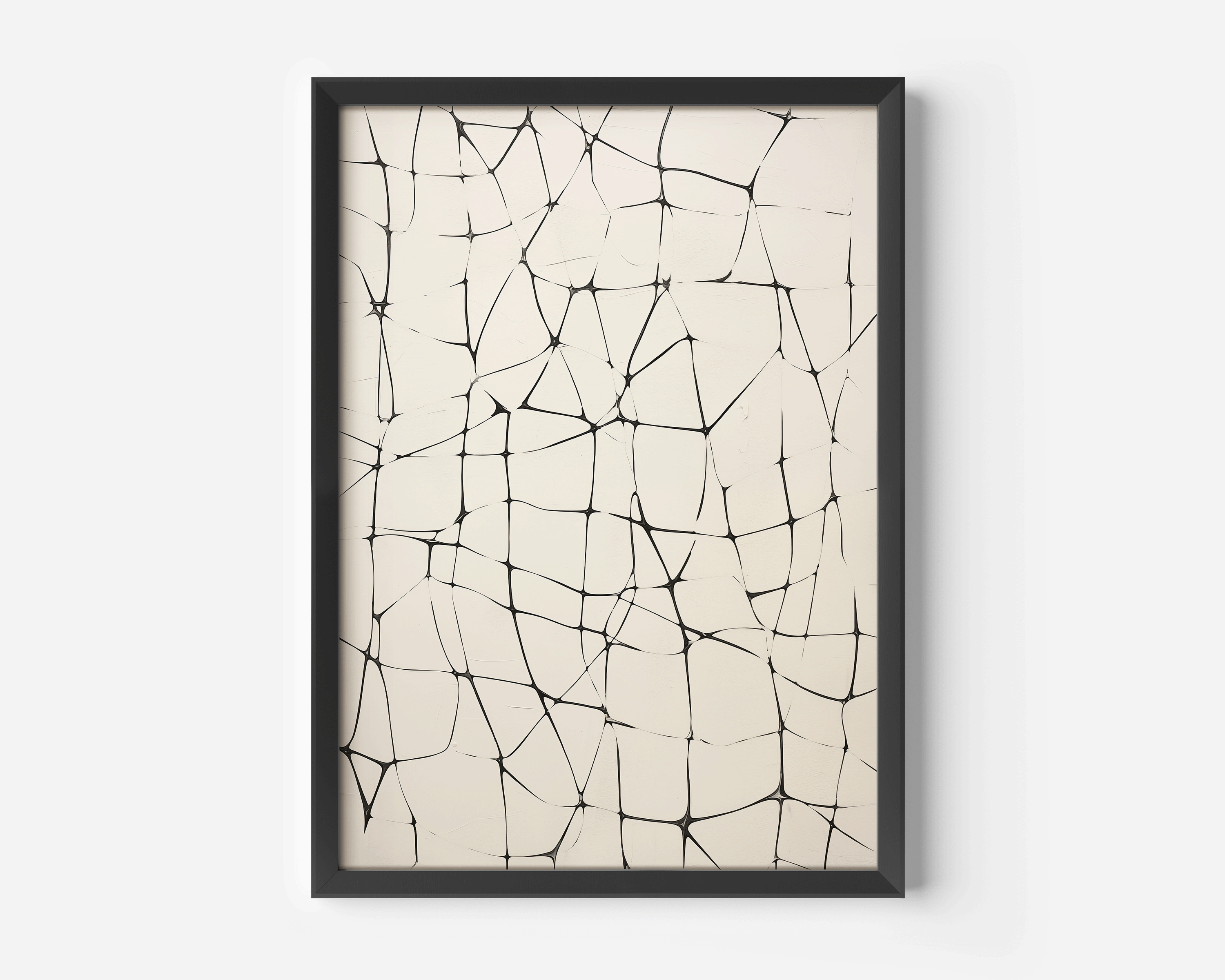 Close-up product image of abstract line grid wall art in black on beige showing matte black frame, cream background, and hand-drawn line texture