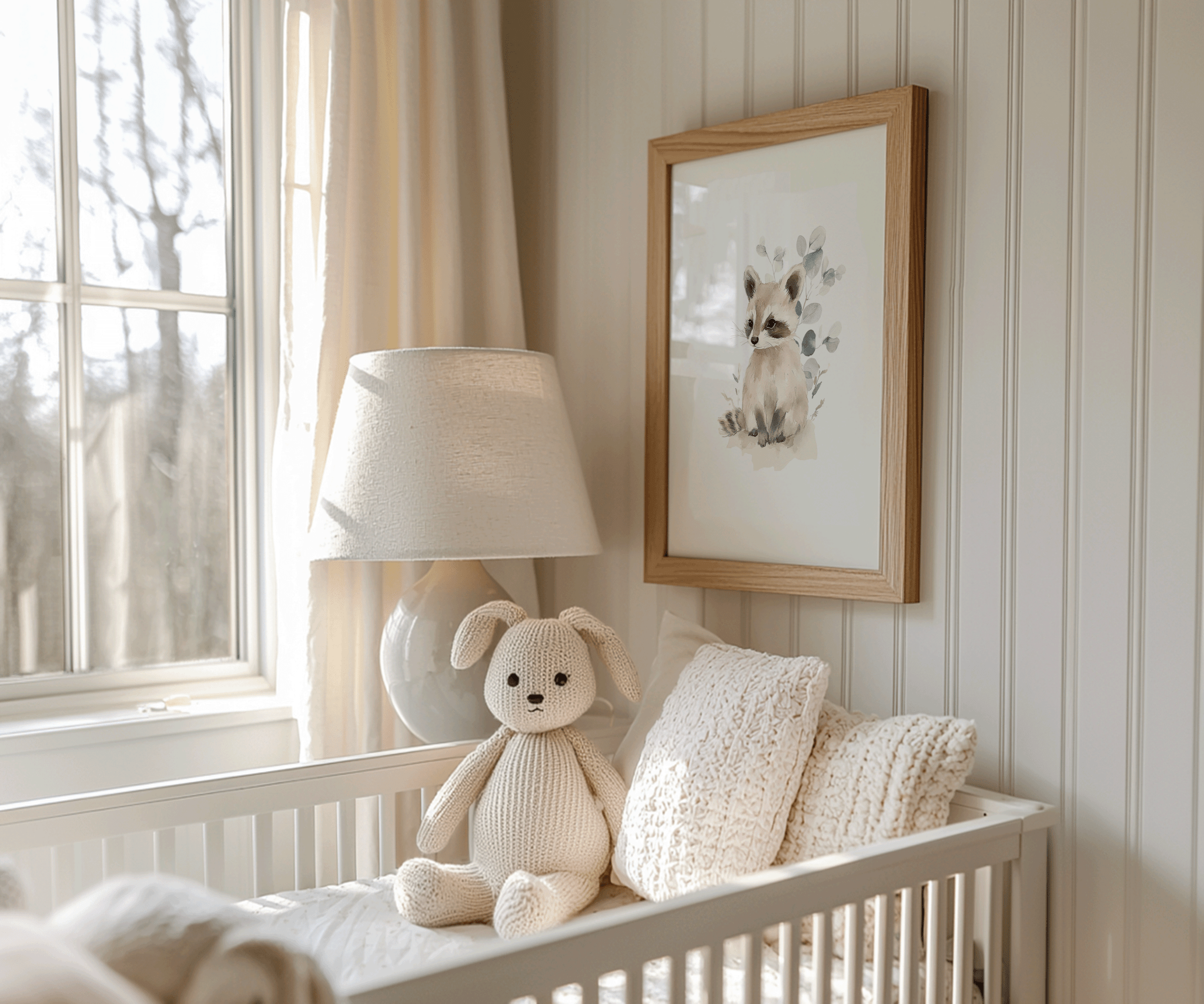 Rustic woodland animal raccoon nursery wall art with light wooden frame, displayed above crib in cozy farmhouse nursery