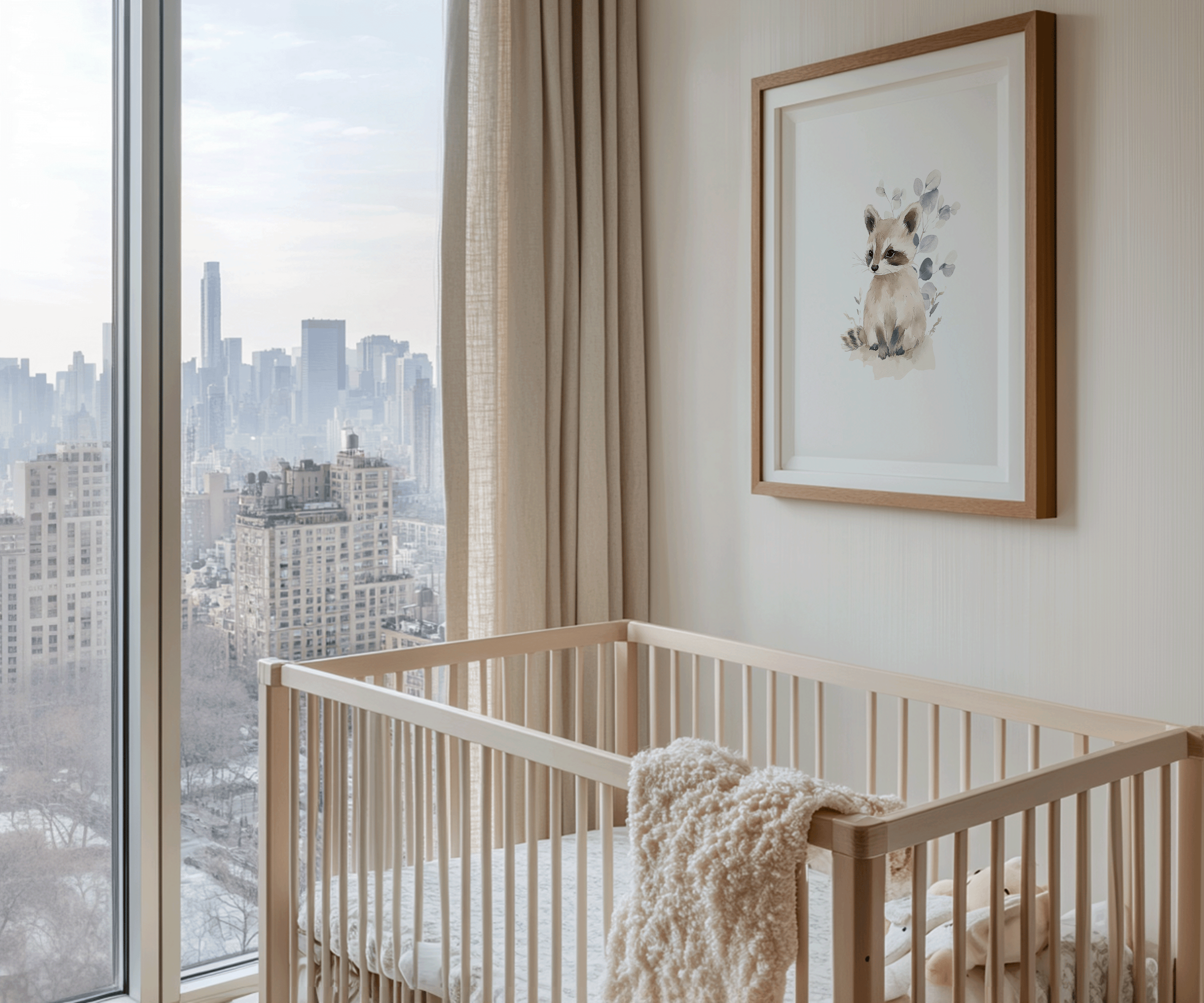 Woodland raccoon art print framed in a brown wooden frame, styled above a nursery crib in a neutral baby nursery