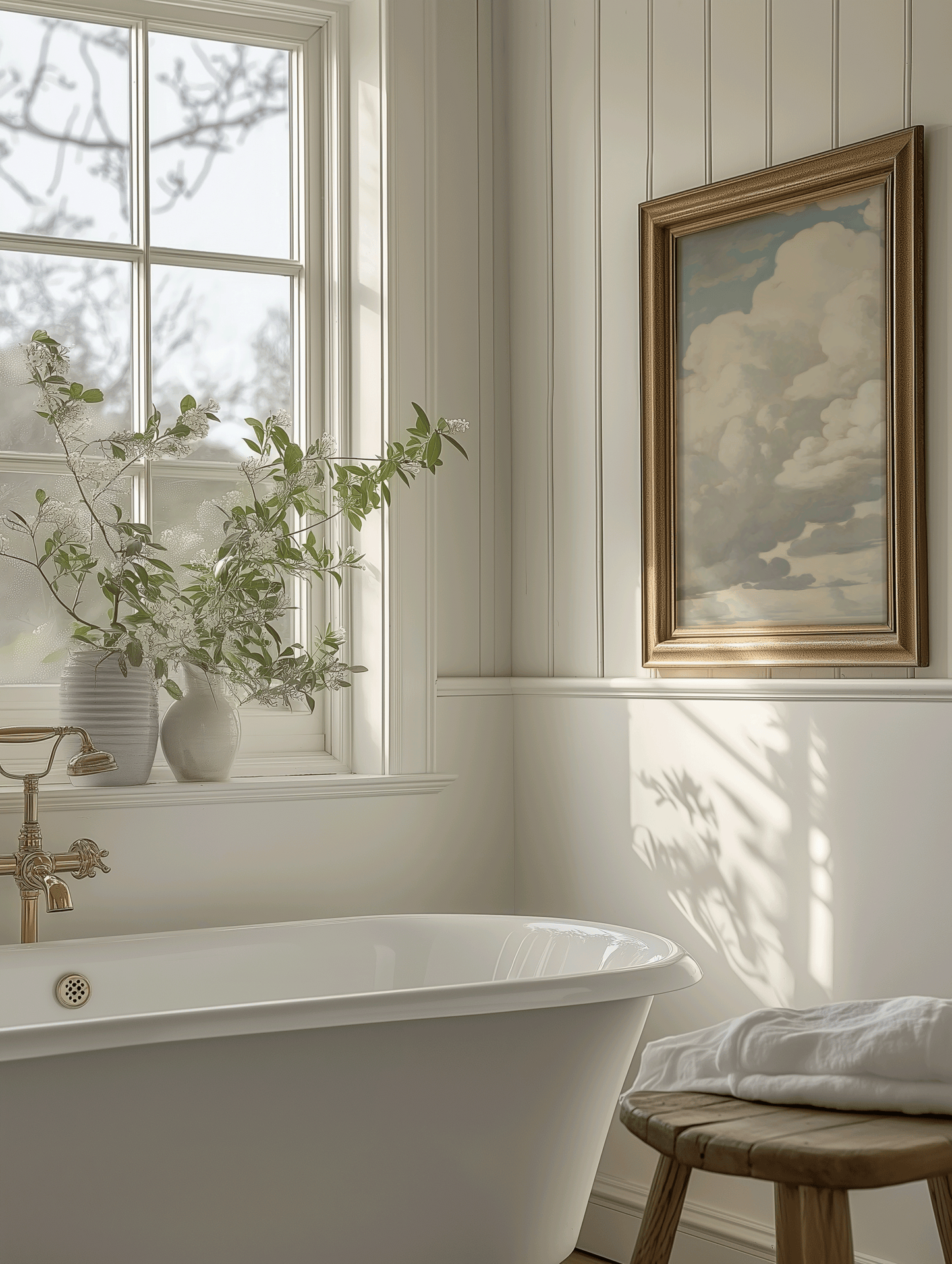 Peaceful cloud wall art print on canvas, perfect for a neutral, warm bathroom or powder room