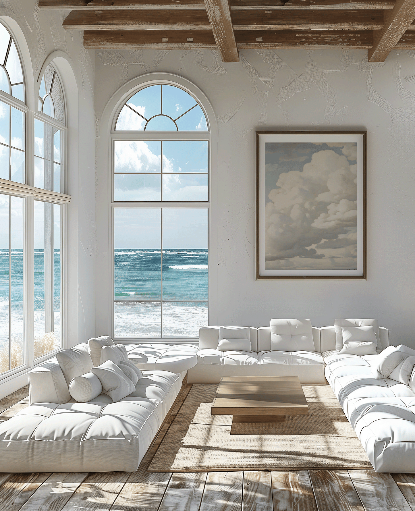 Framed canvas artwork of dreamy clouds in a neutral sky in a beach house or cottage