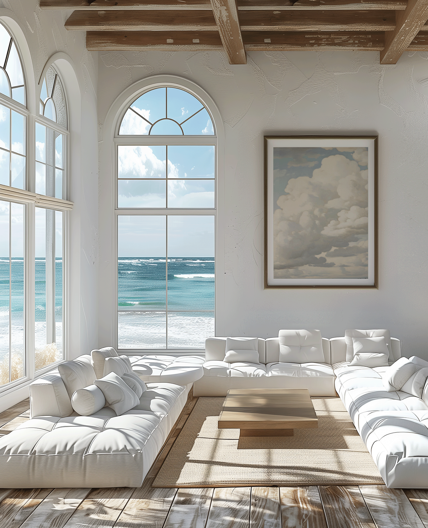 Framed canvas artwork of dreamy clouds in a neutral sky in a beach house or cottage