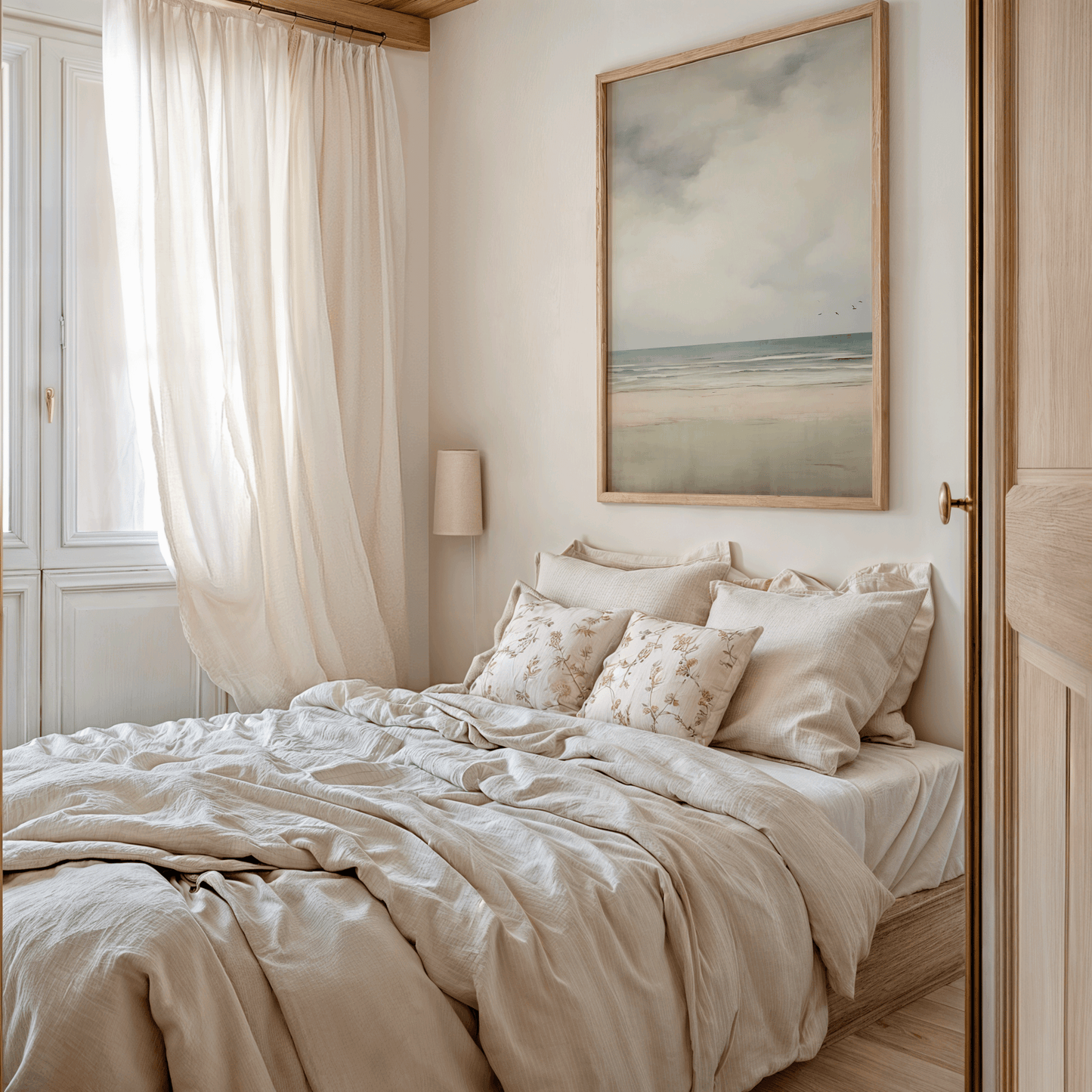Calming ocean view art print with minimal tones and sand reflection in a soft, neutral bedroom