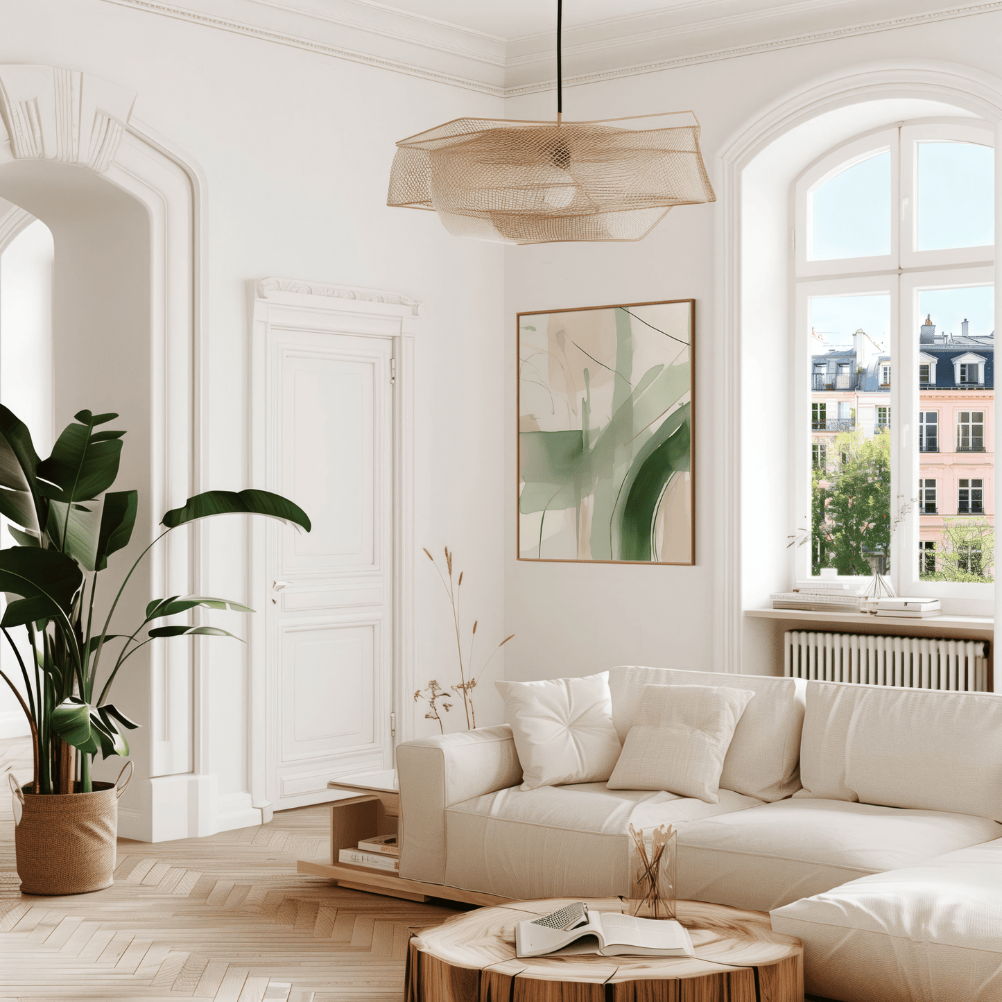 Beige and green abstract wall art styled in a modern living room with neutral tones