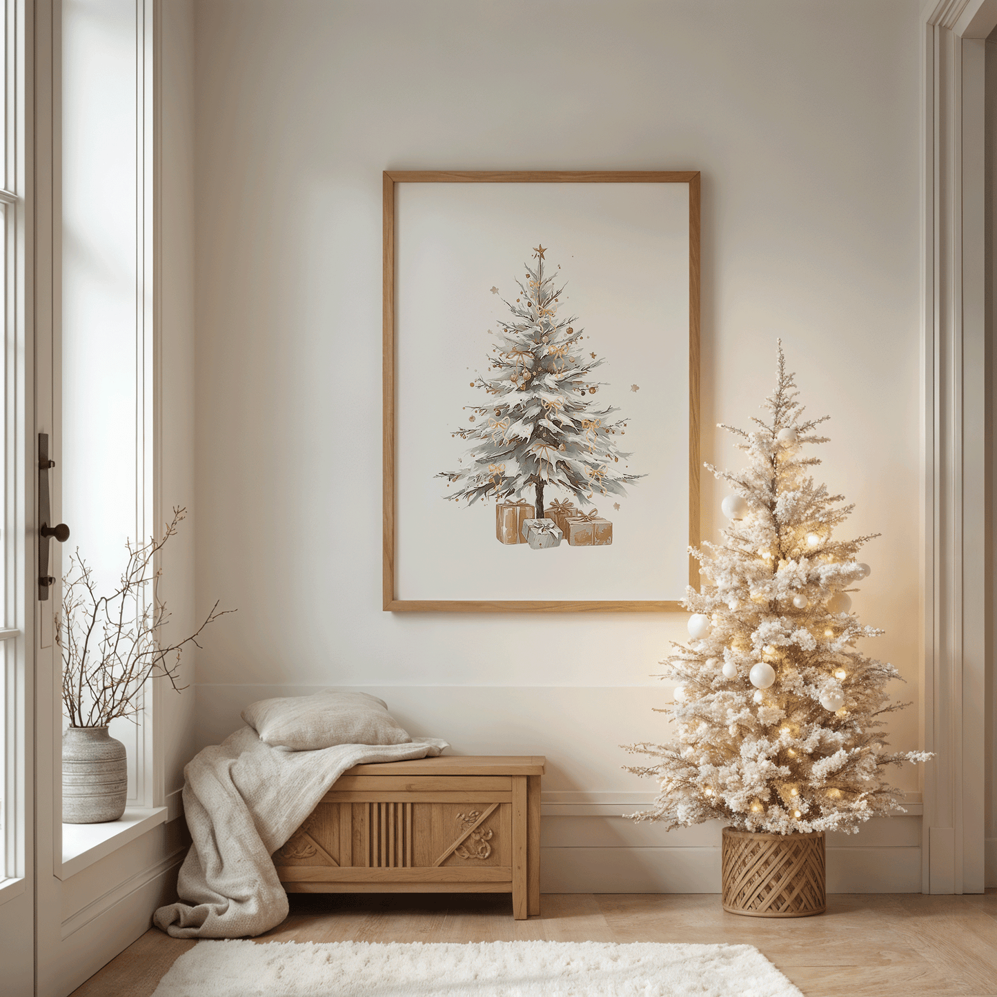 Neutral Christmas tree wall art framed in light wood displayed above a wooden bench with a beige throw blanket, in a cozy beige living room with matching holiday decor and soft natural light