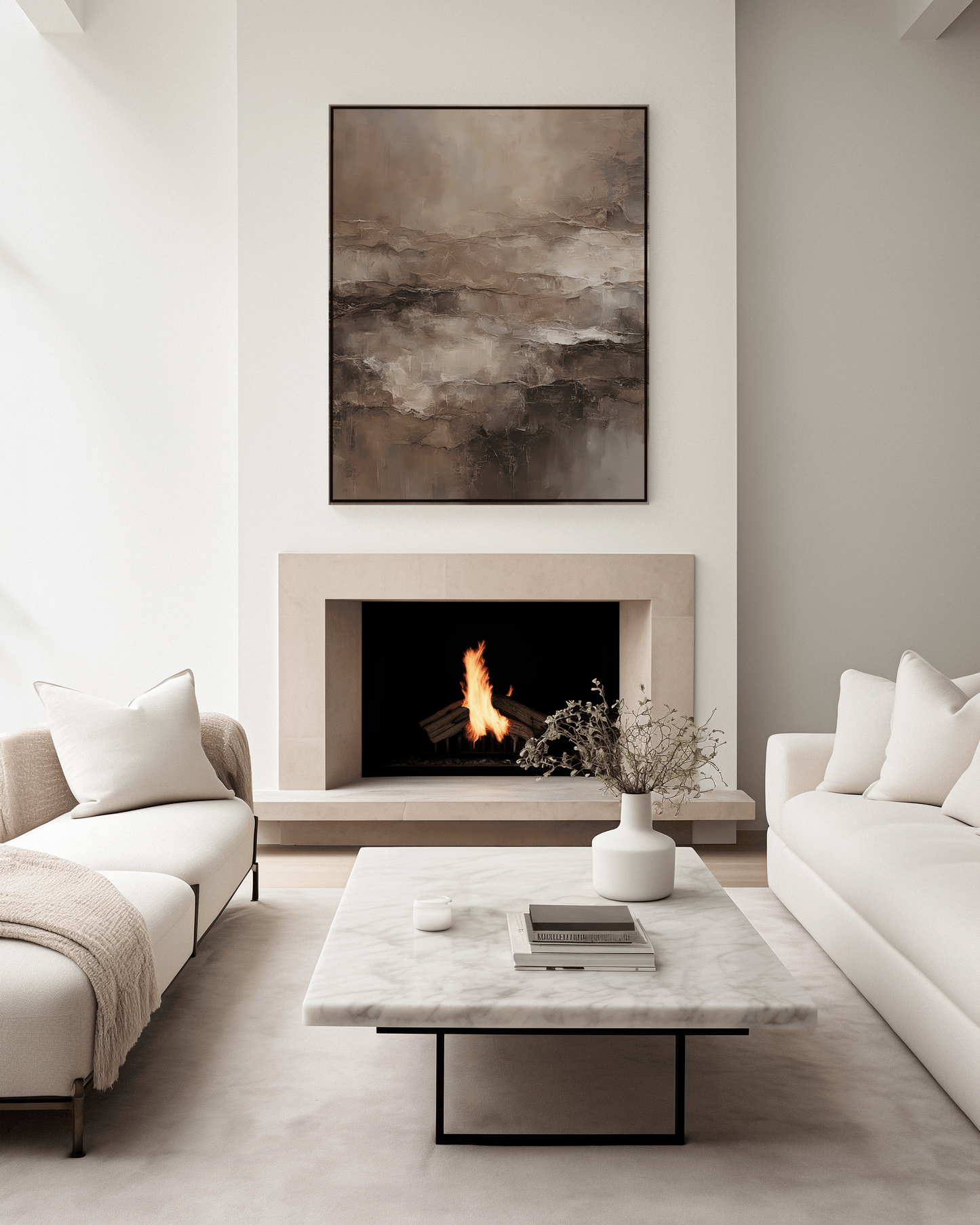 Moody brown abstract framed canvas wall Art print with an earthy aesthetic hung over a fireplace in a neutral, modern living room