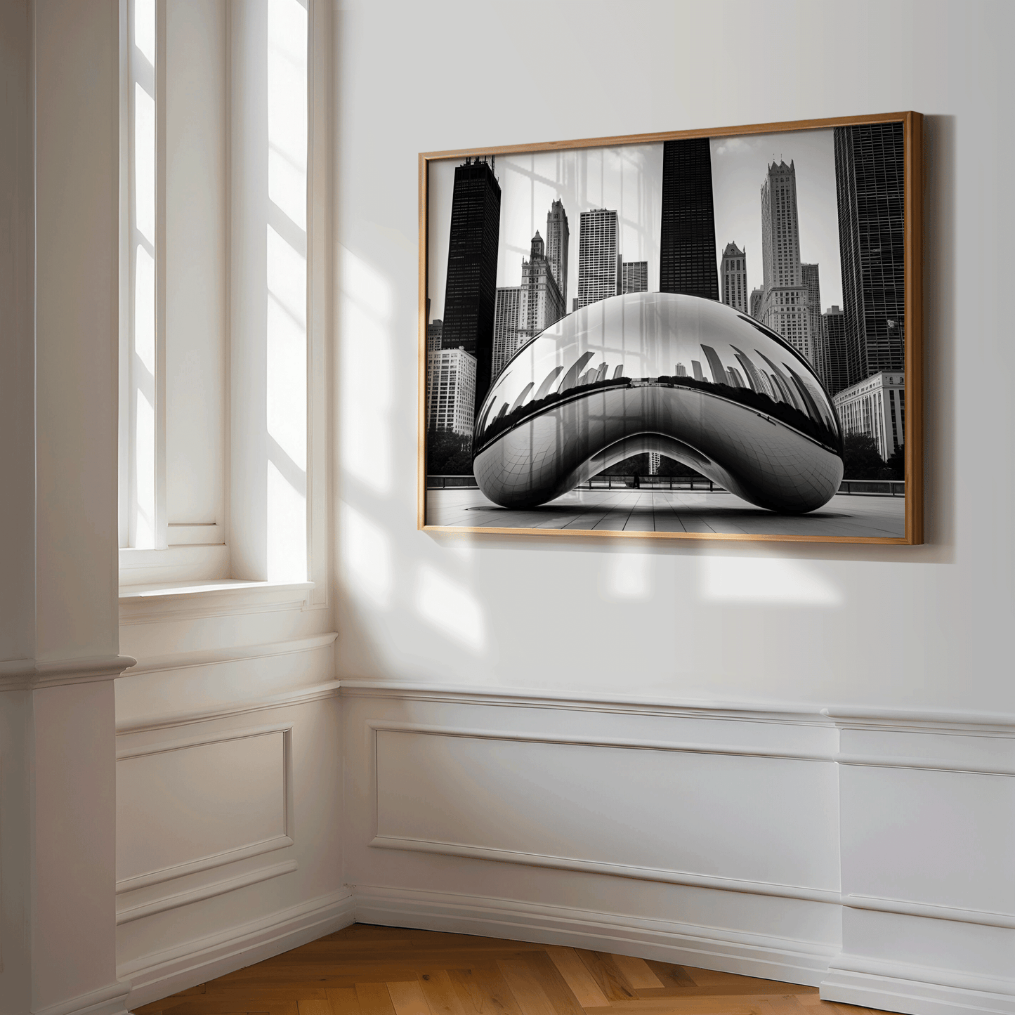 Framed artwork of a modern architectural structure of Chicago the bean on a wall with a window in the background in a hallway