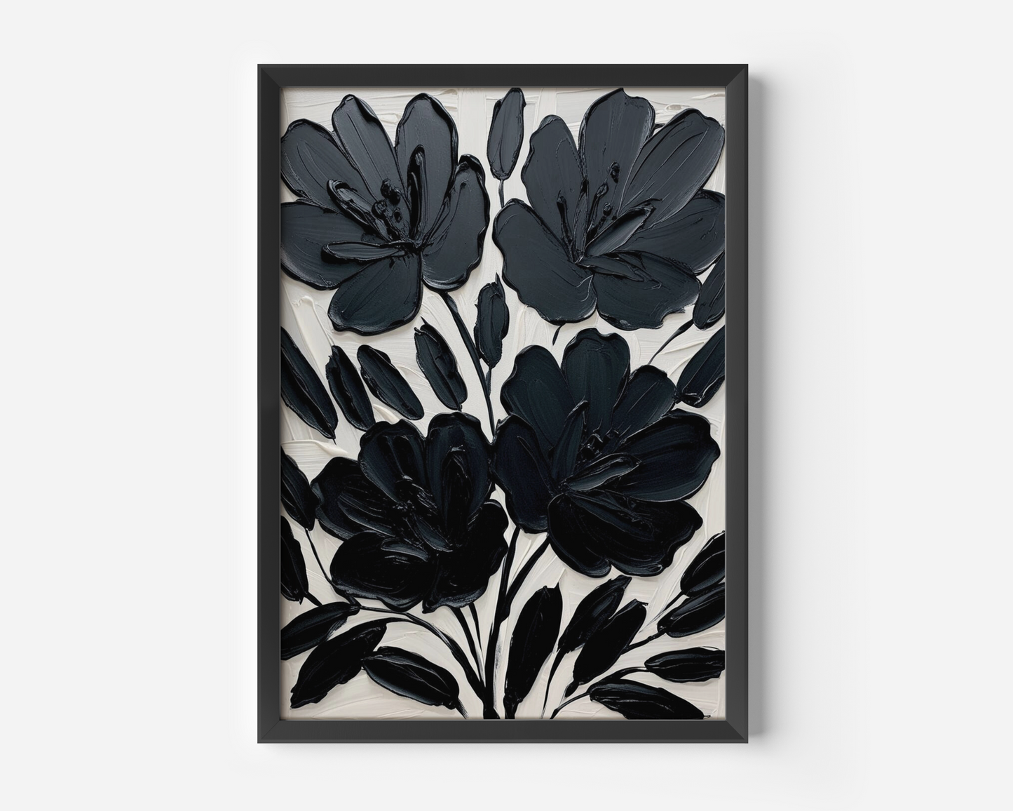 A framed canvas wall art print featuring a black and white floral design with large flowers against a beige background.