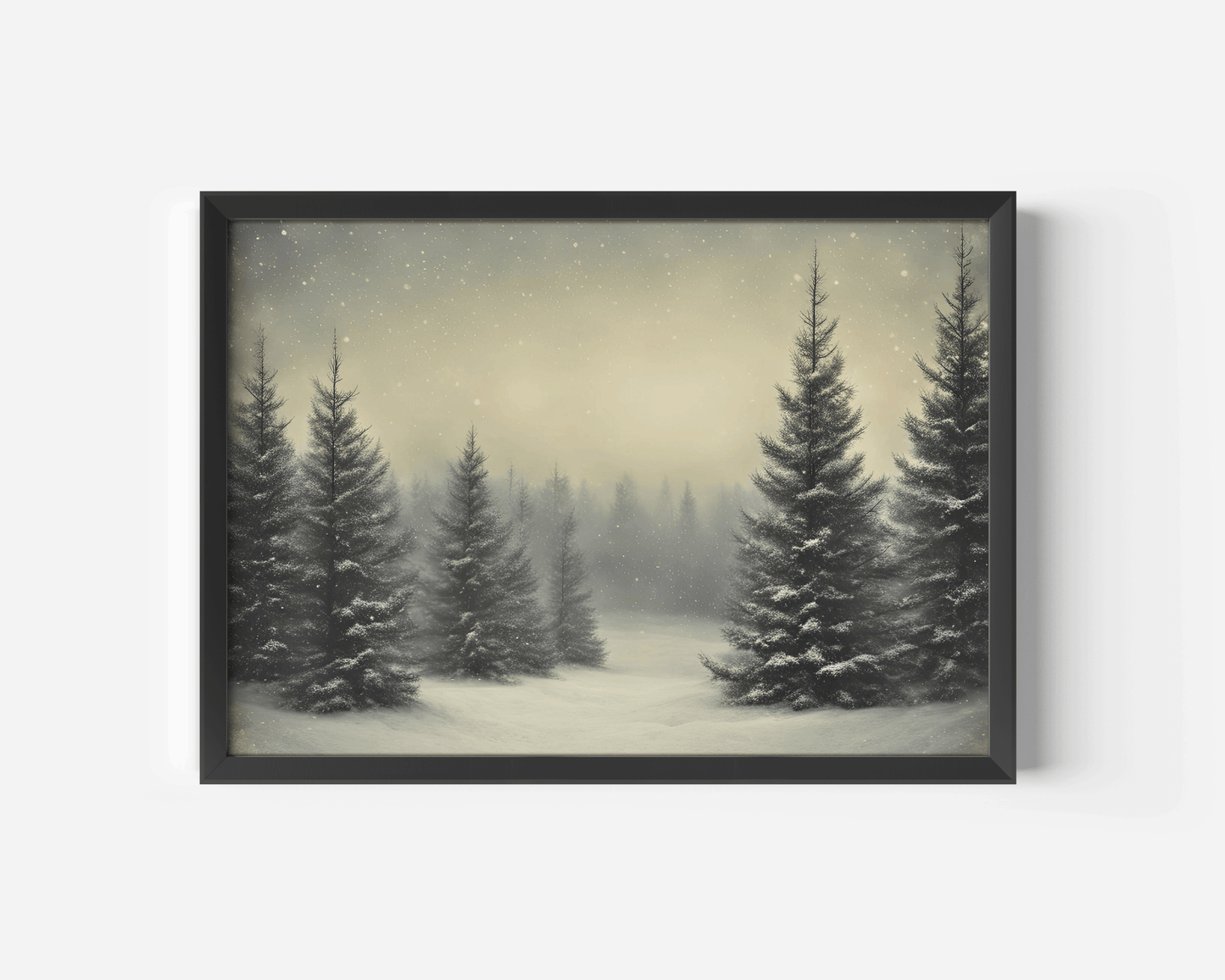 Vintage snowy pine tree nature landscape canvas wall art with a black frame showing a serene winter forest with green trees, snow falling from the sky and on the ground, under a pale gold sky