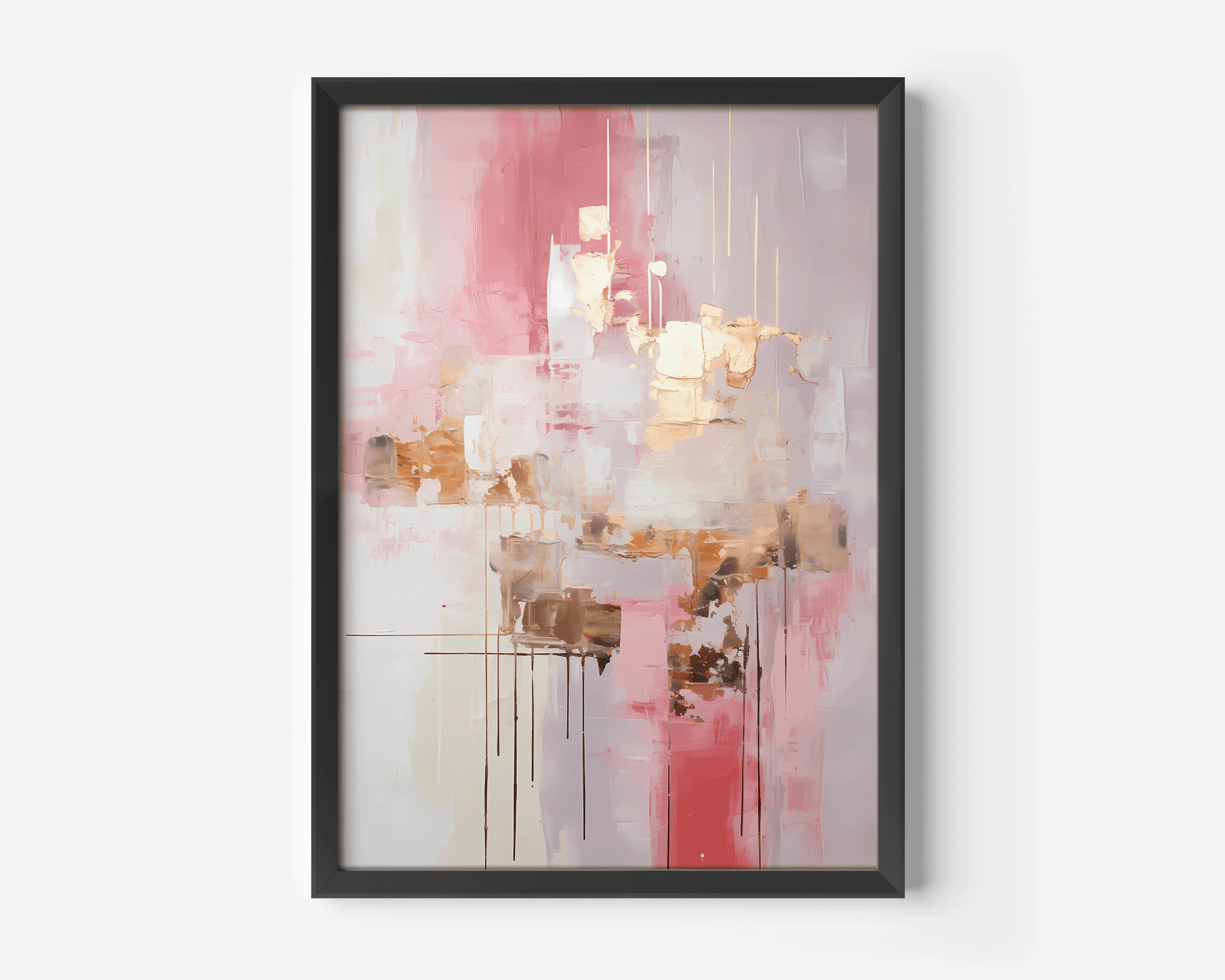Large white, pink and gold abstract canvas wall art with a black frame on a white wall.