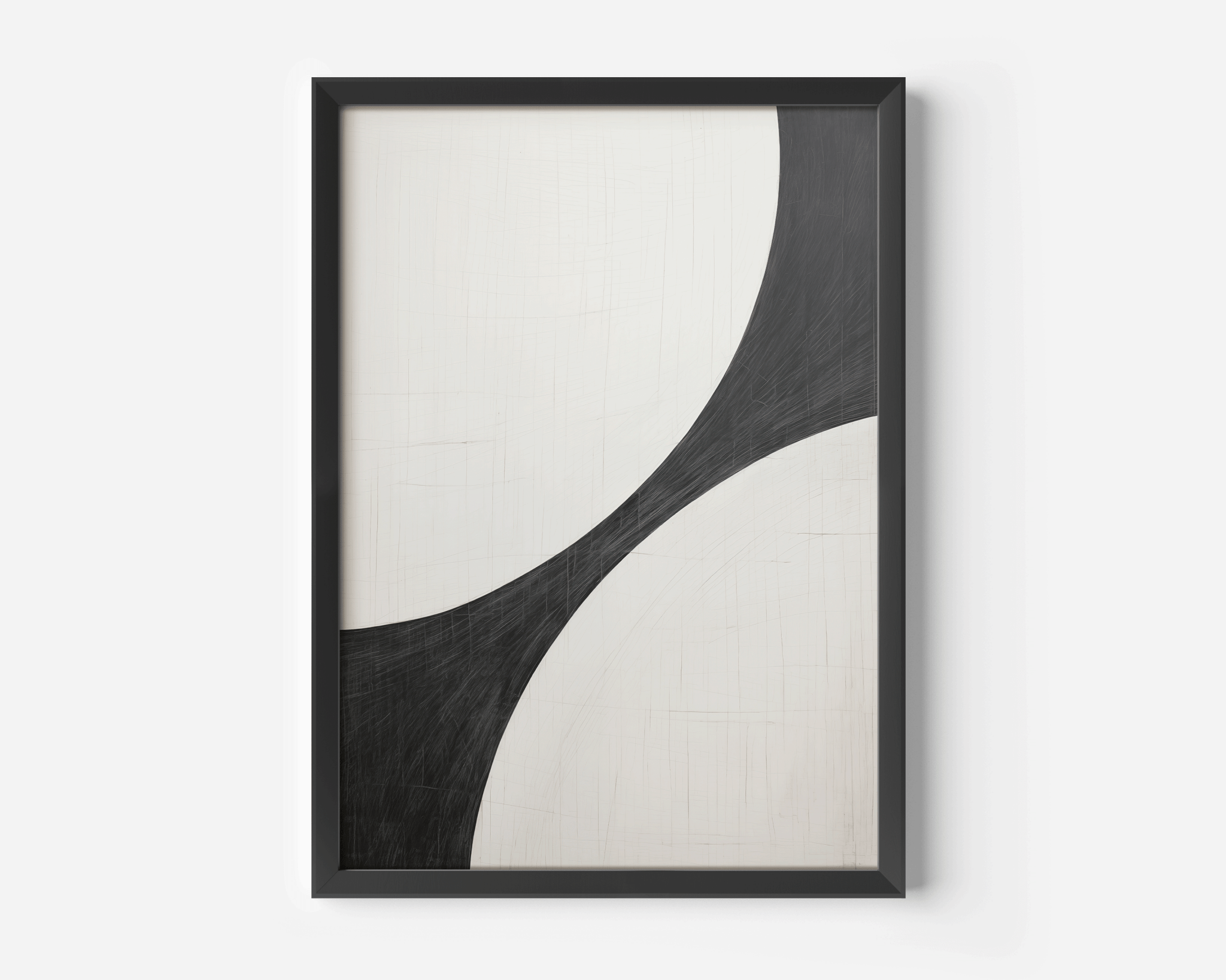 Studio close-up of the black and white curve abstract in a matte black frame on white background.