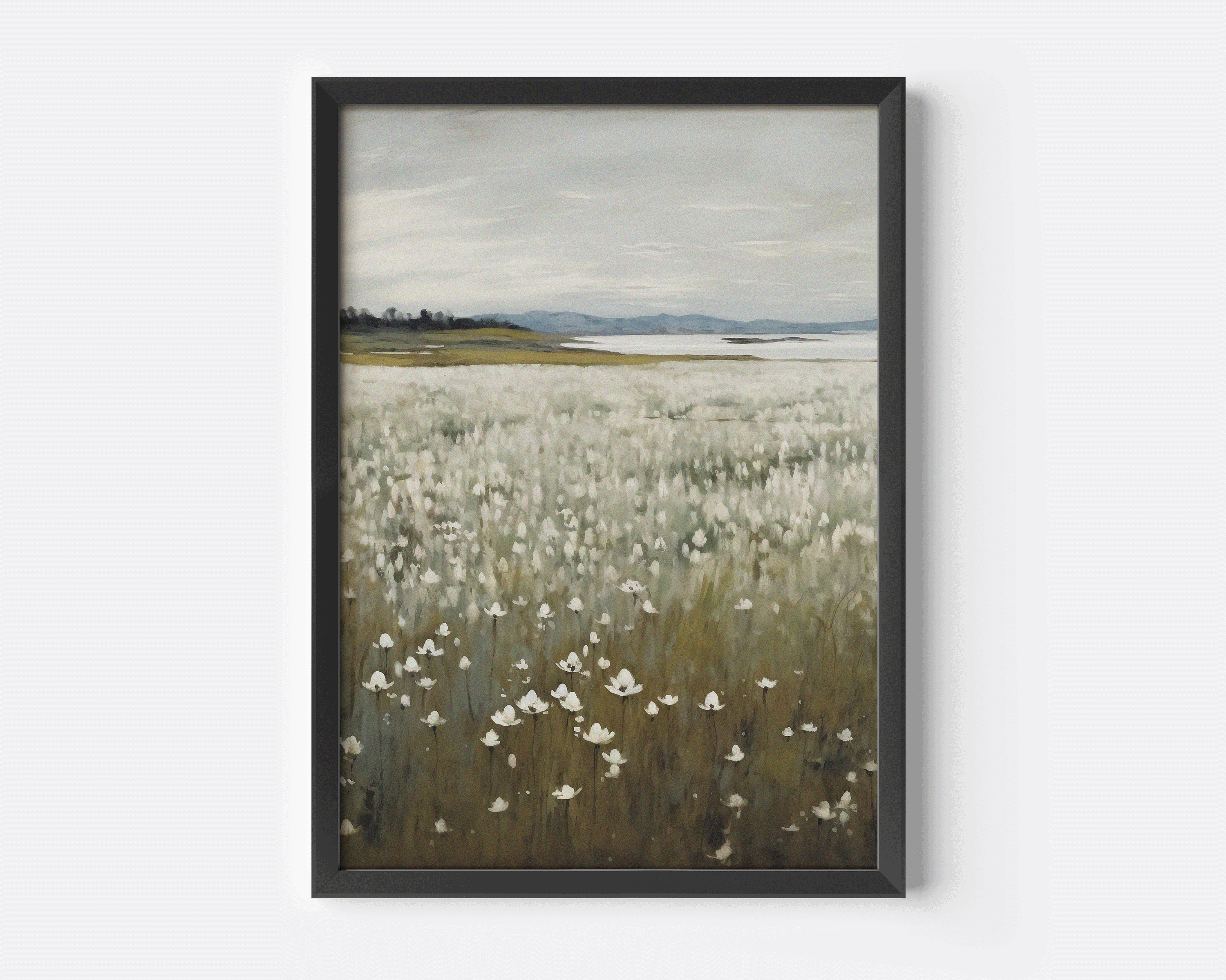 White wildflower field with vintage aesthetic wall art print on canvas