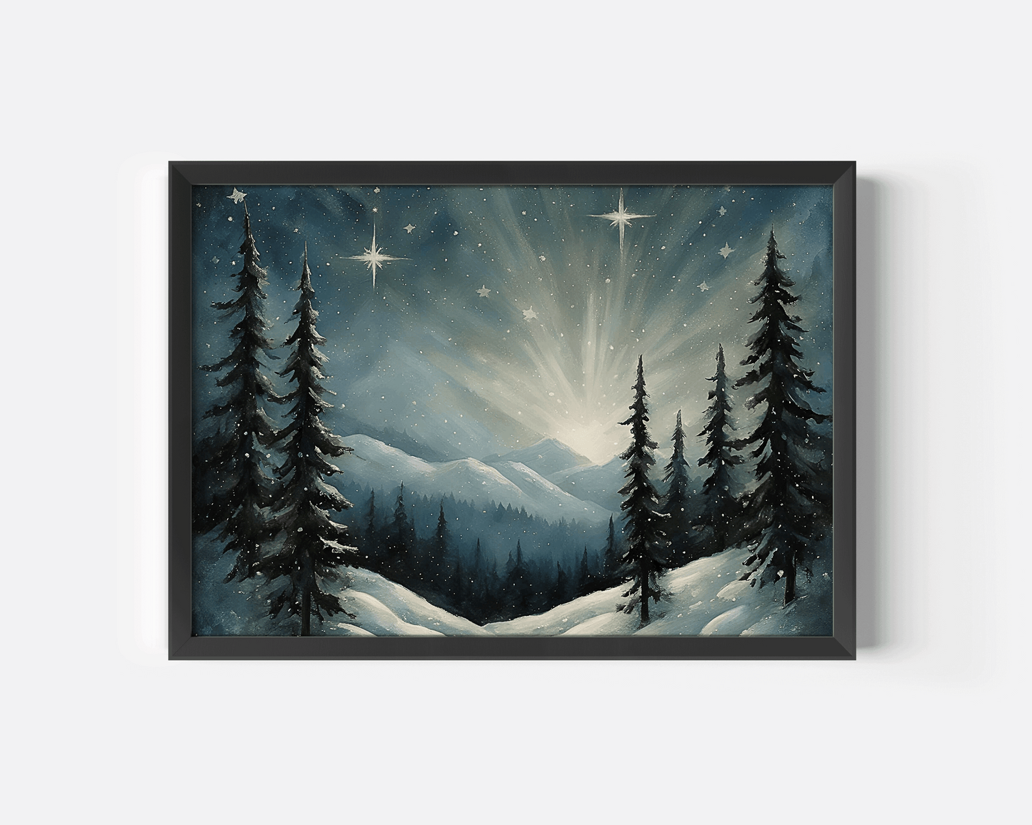 Black framed winter wall art with glowing stars over snowy mountains and pine trees