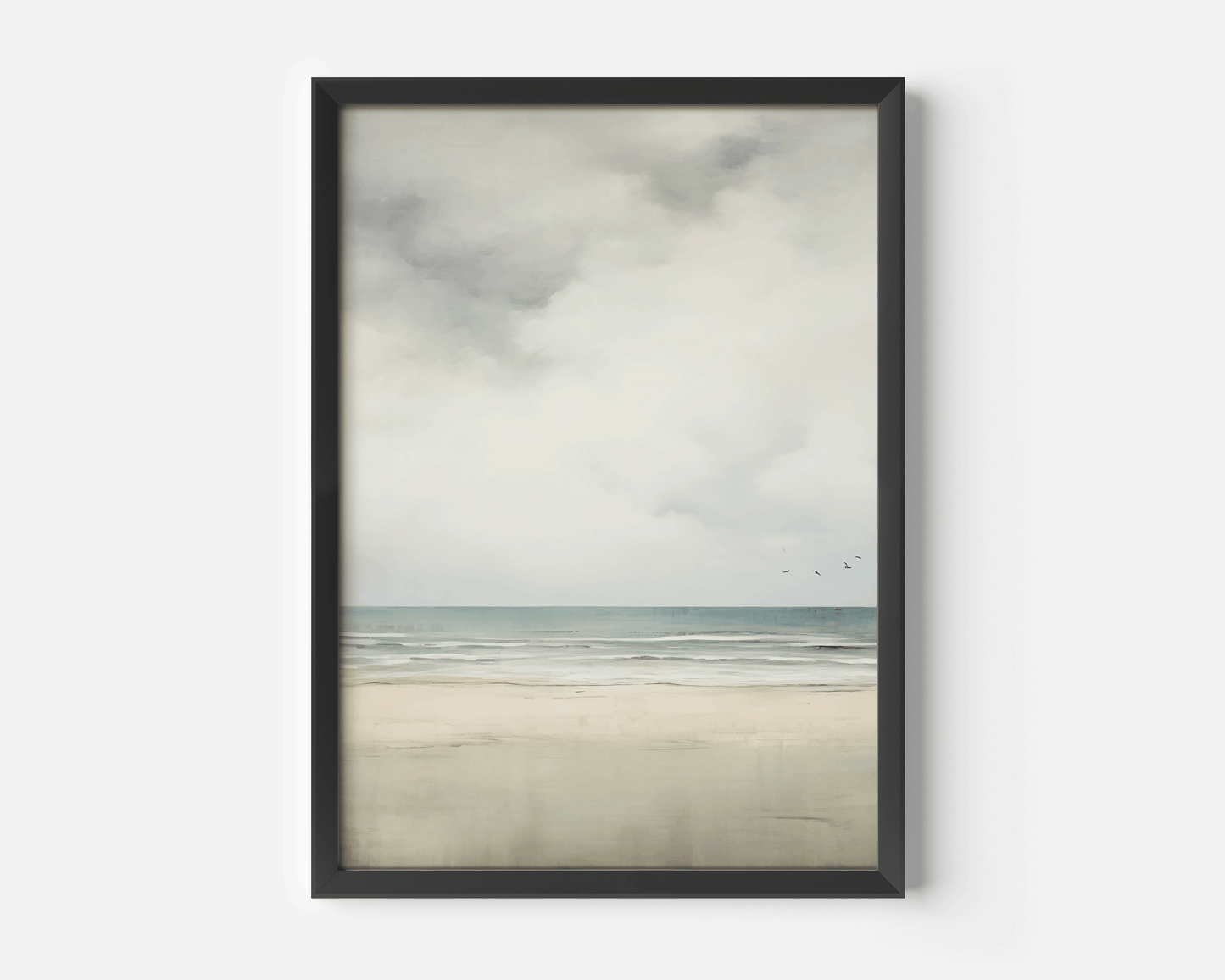 Framed vintage seascape print with gentle shoreline and flying birds