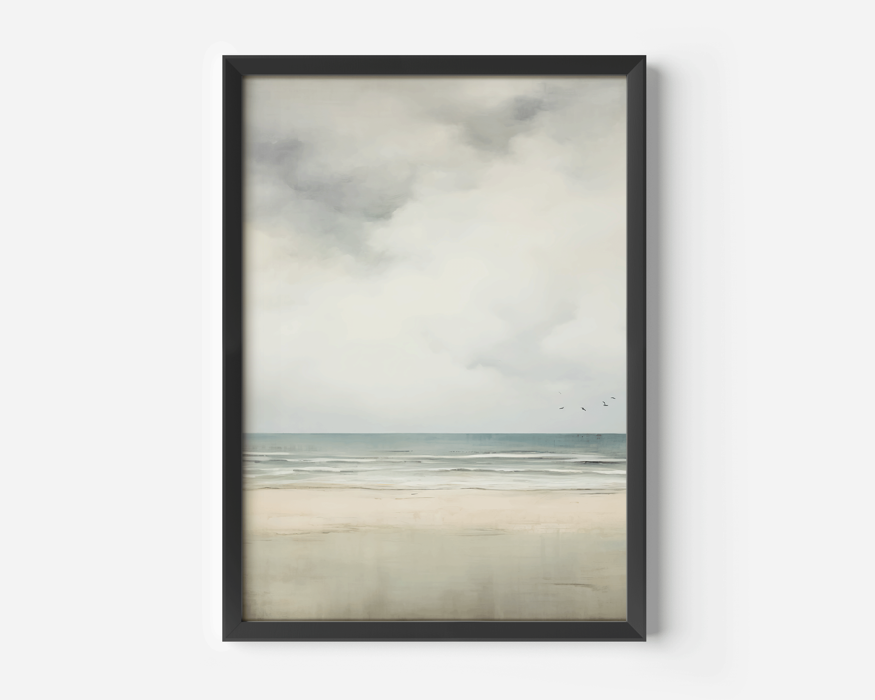 Framed vintage seascape print with gentle shoreline and flying birds
