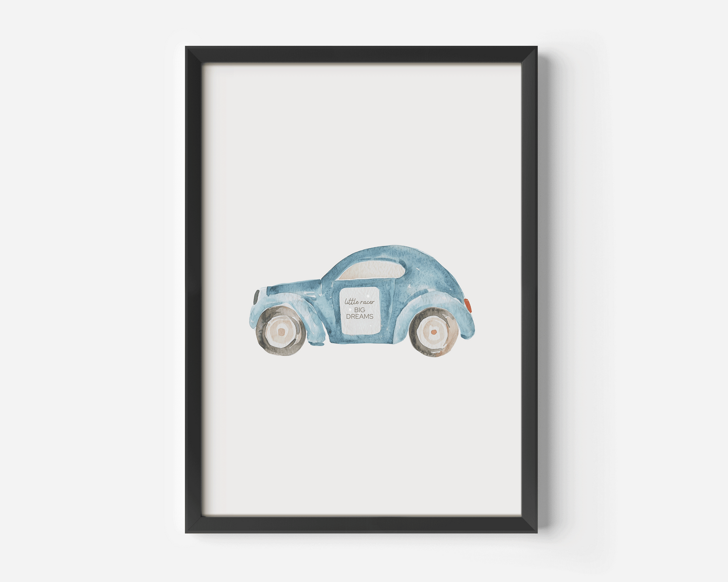 Framed canvas wall art of a vintage baby blue car on a white background, perfect for a boy's nursery or toddler bedroom