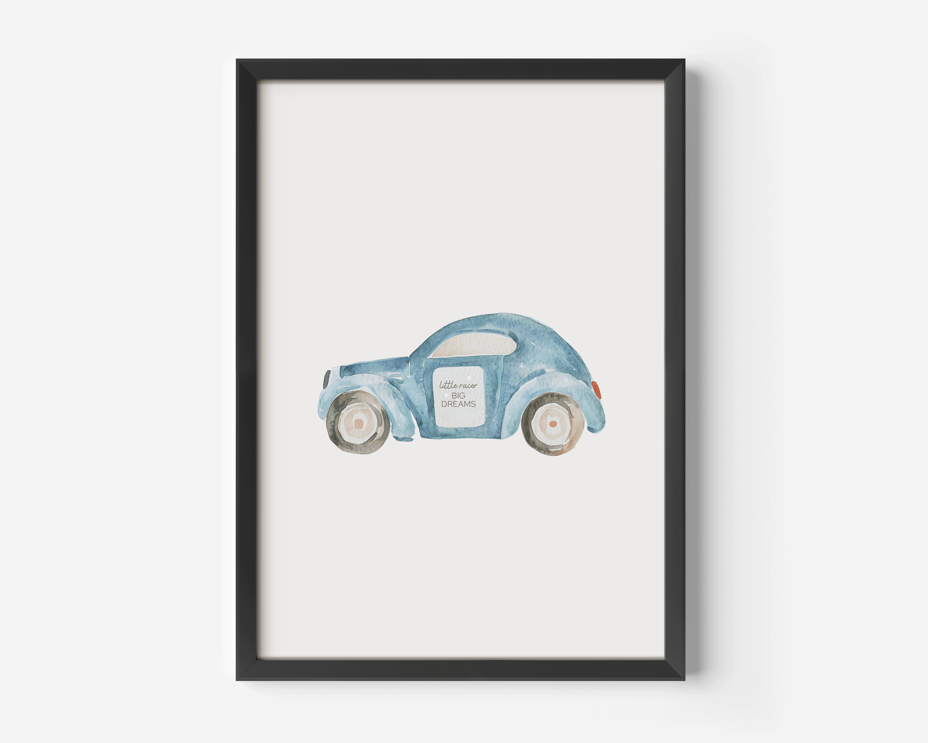 Framed canvas wall art of a vintage baby blue car on a white background, perfect for a boy's nursery or toddler bedroom