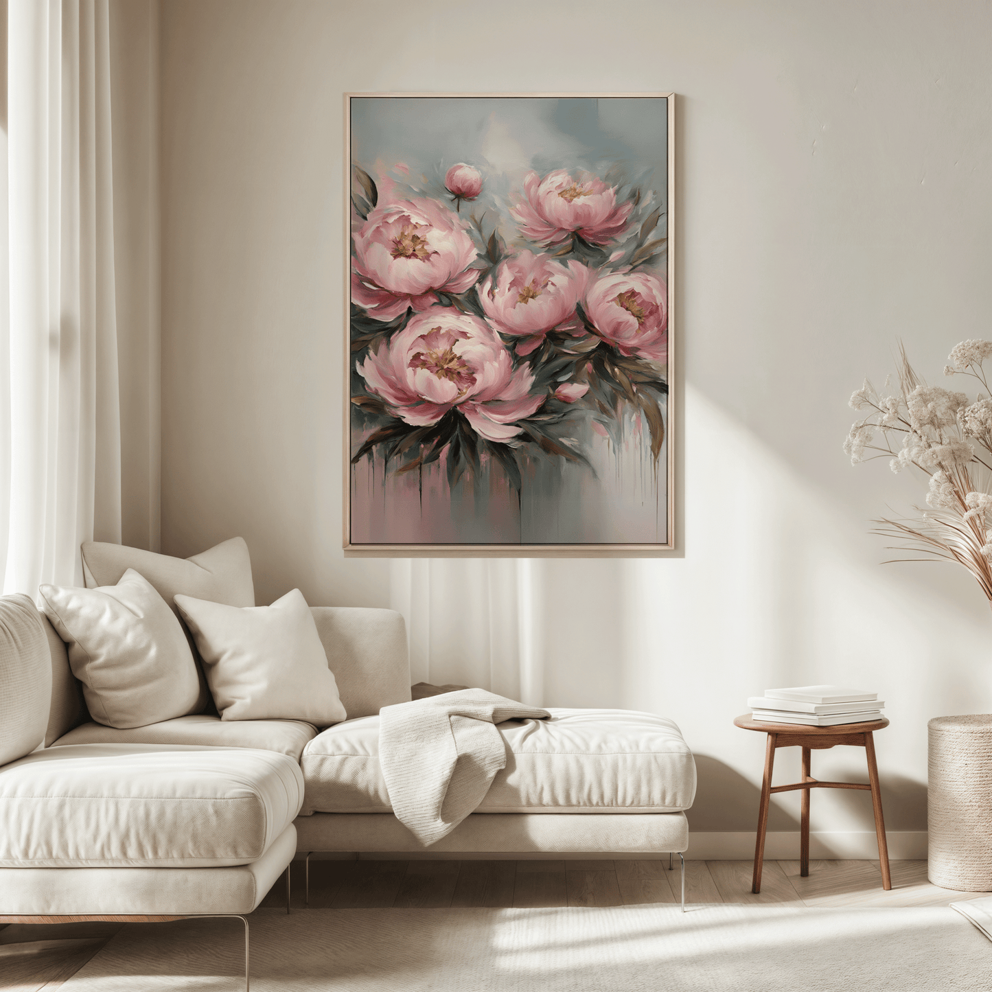 Blush pink peony bouquet wall art framed above a neutral sofa; romantic floral painting for living room decor.