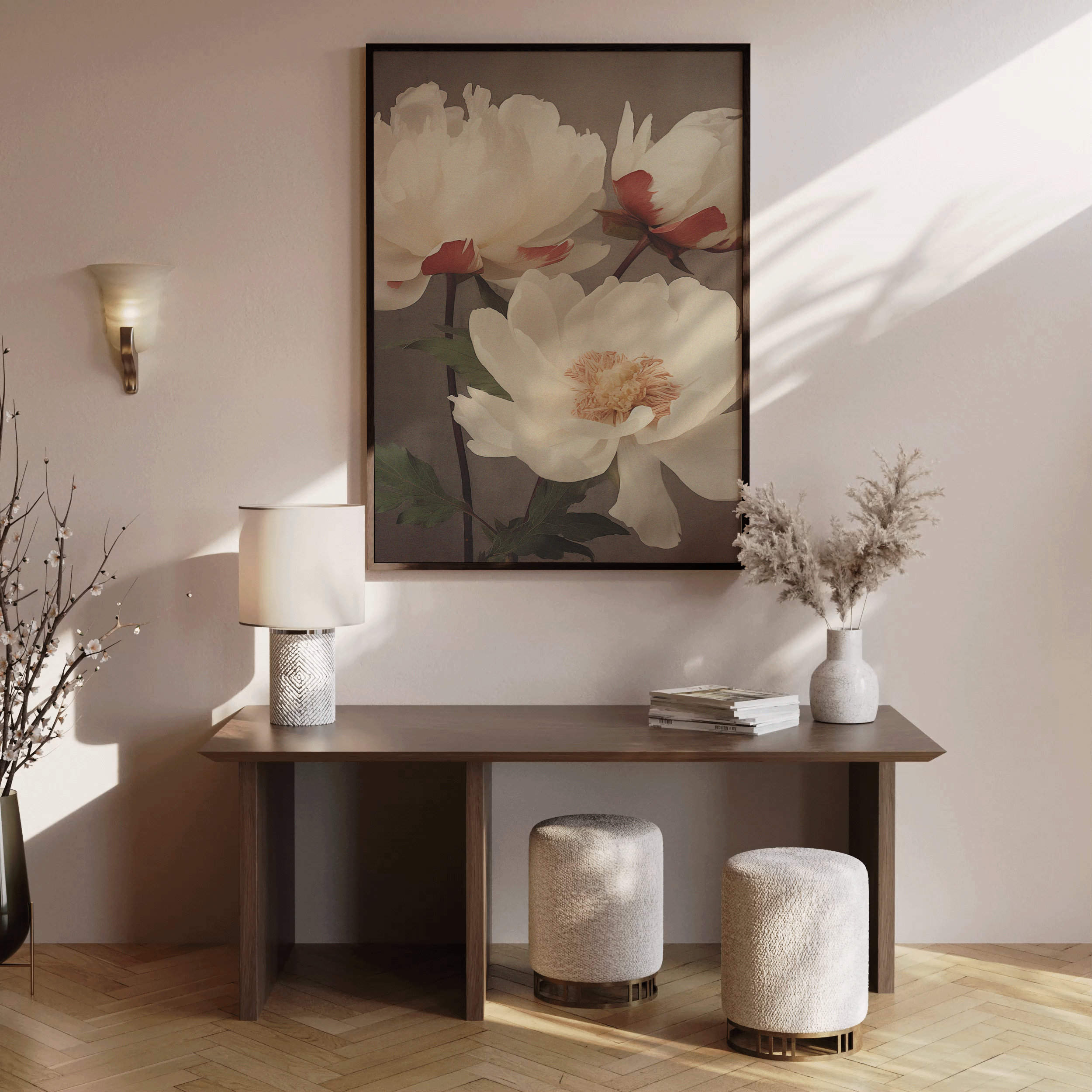 White lotus floral canvas wall art styled above entryway console table