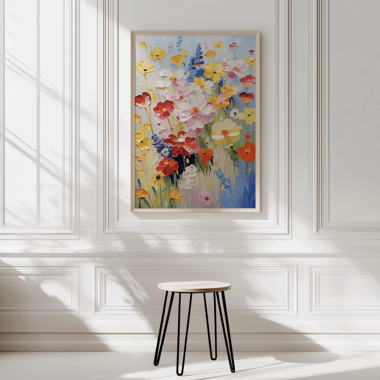 Bright floral canvas wall art with wildflowers styled in a white paneled hallway