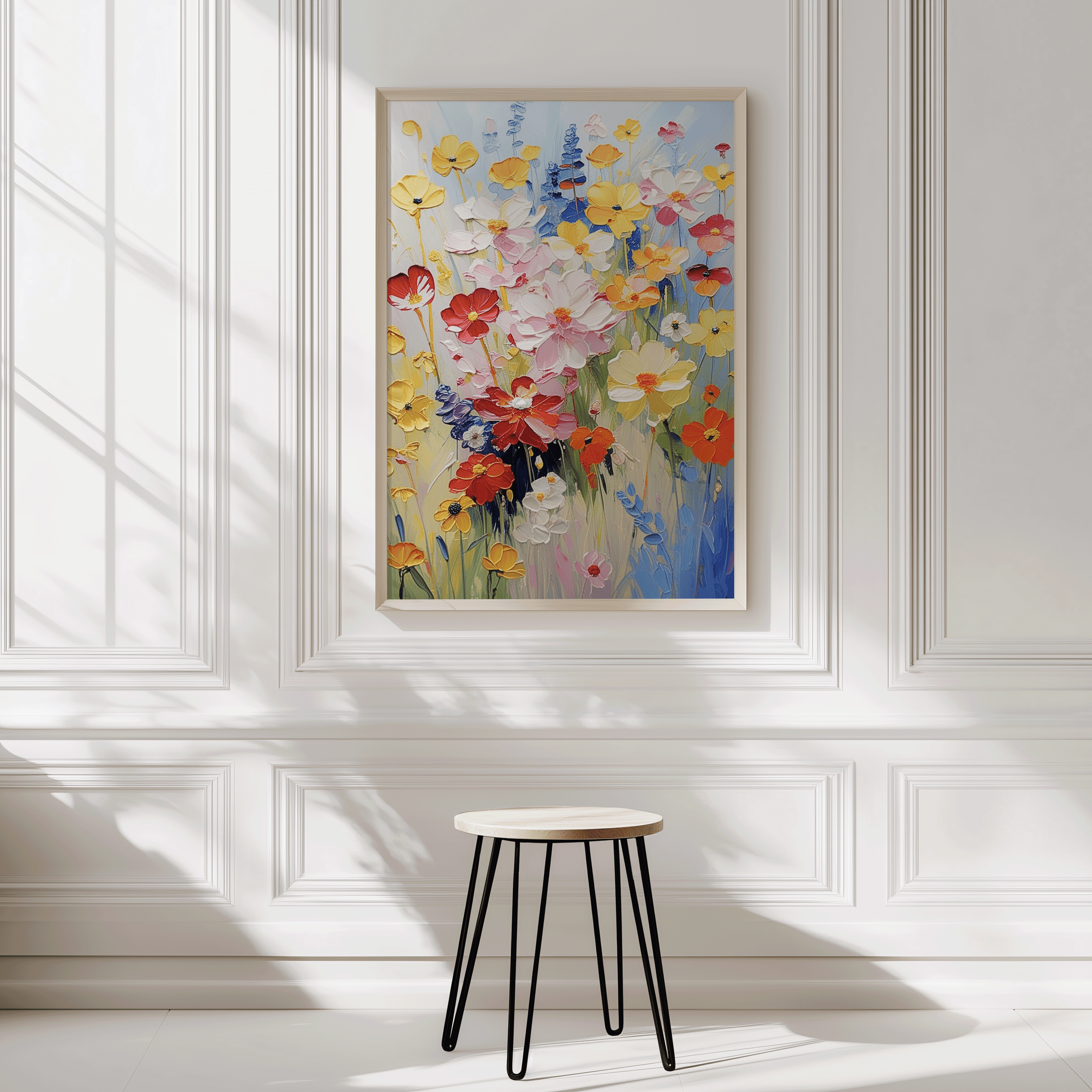 Bright floral canvas wall art with wildflowers styled in a white paneled hallway