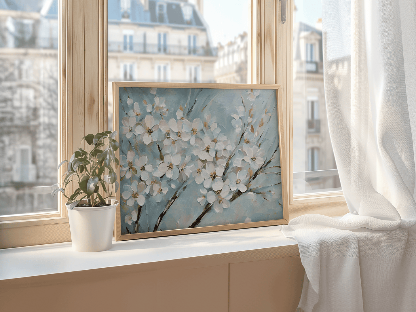 Framed cherry blossom wall art with white flowers on blue background displayed on a windowsill beside a green potted plant.