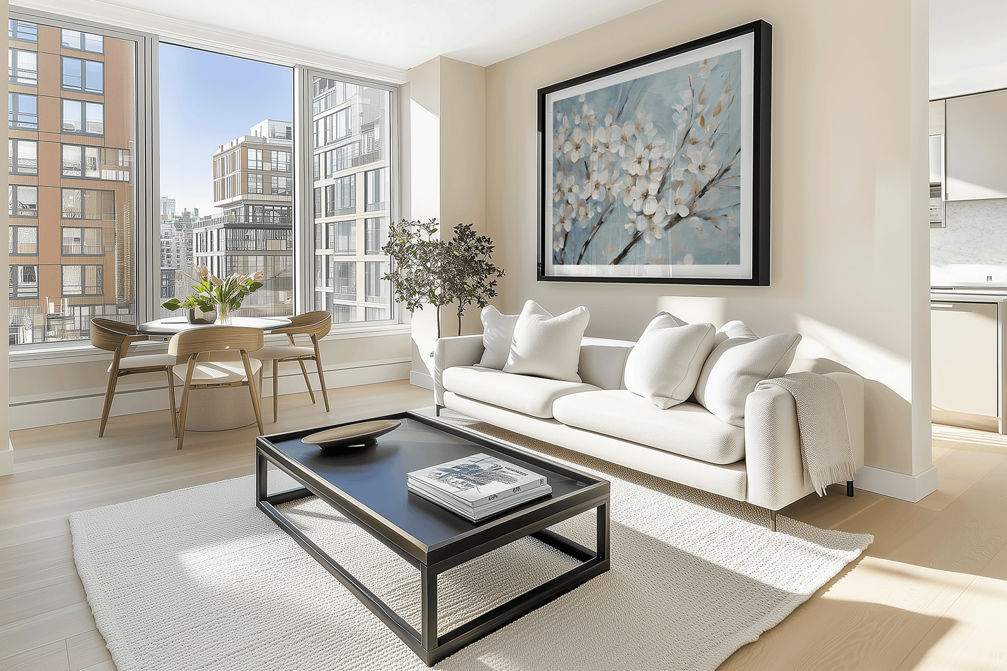 Oversized cherry blossom wall art with white flowers on a blue backdrop, framed in black, styled in a modern high-rise living room.