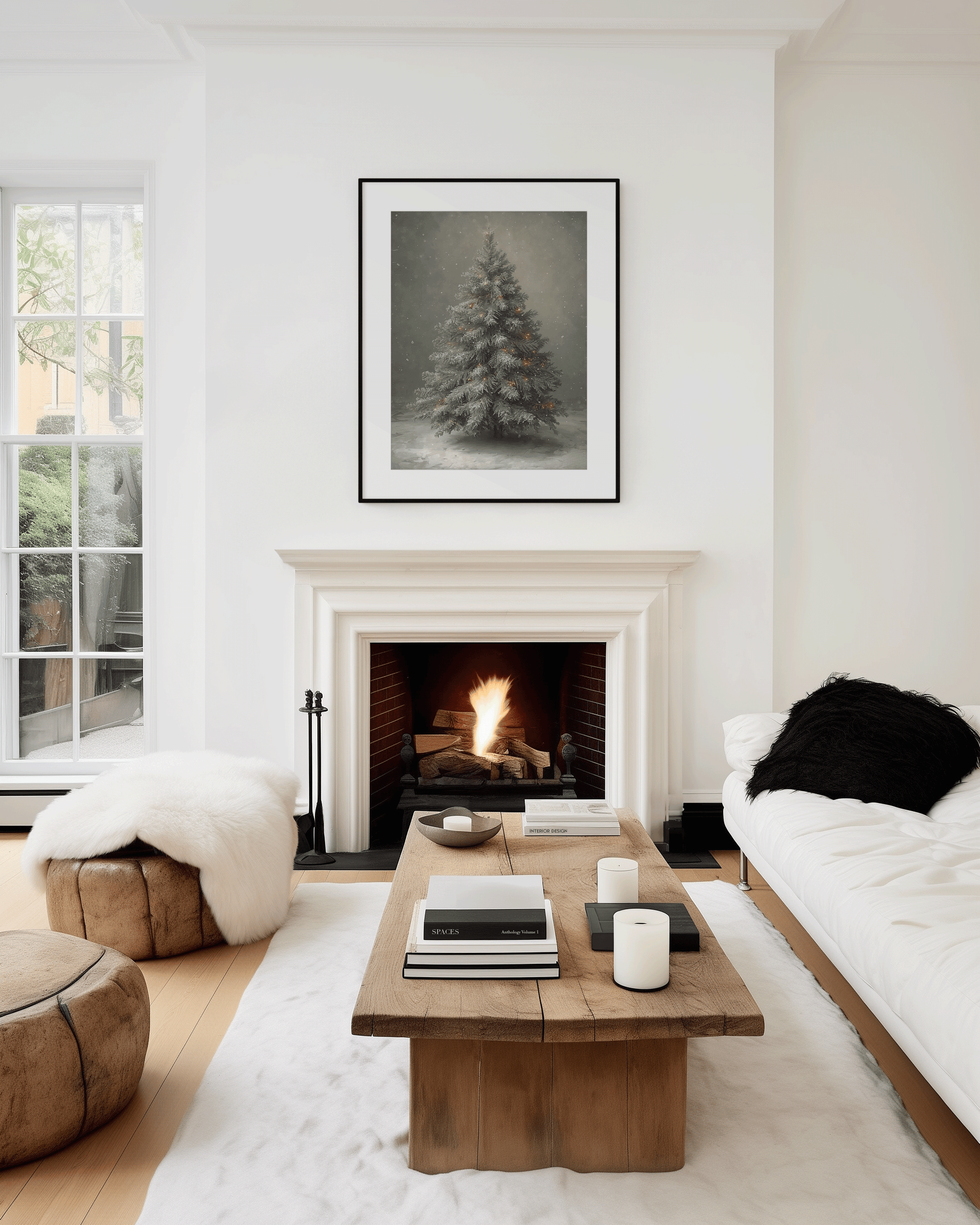 Framed Christmas tree wall art displayed above a fireplace in a modern living room, styled with warm rustic tones and minimal holiday decor.