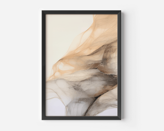 Close-up of framed beige, gold and cream abstract wall art print with modern black frame.